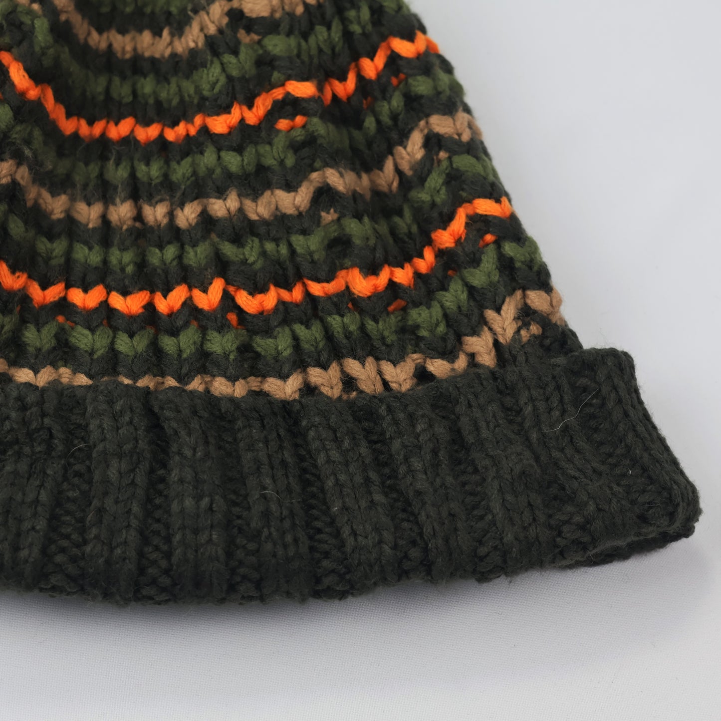 Made in Korea Zig-Zag Knit Beanie | Forest Green & Orange Pom Pom Hat | Retro Style