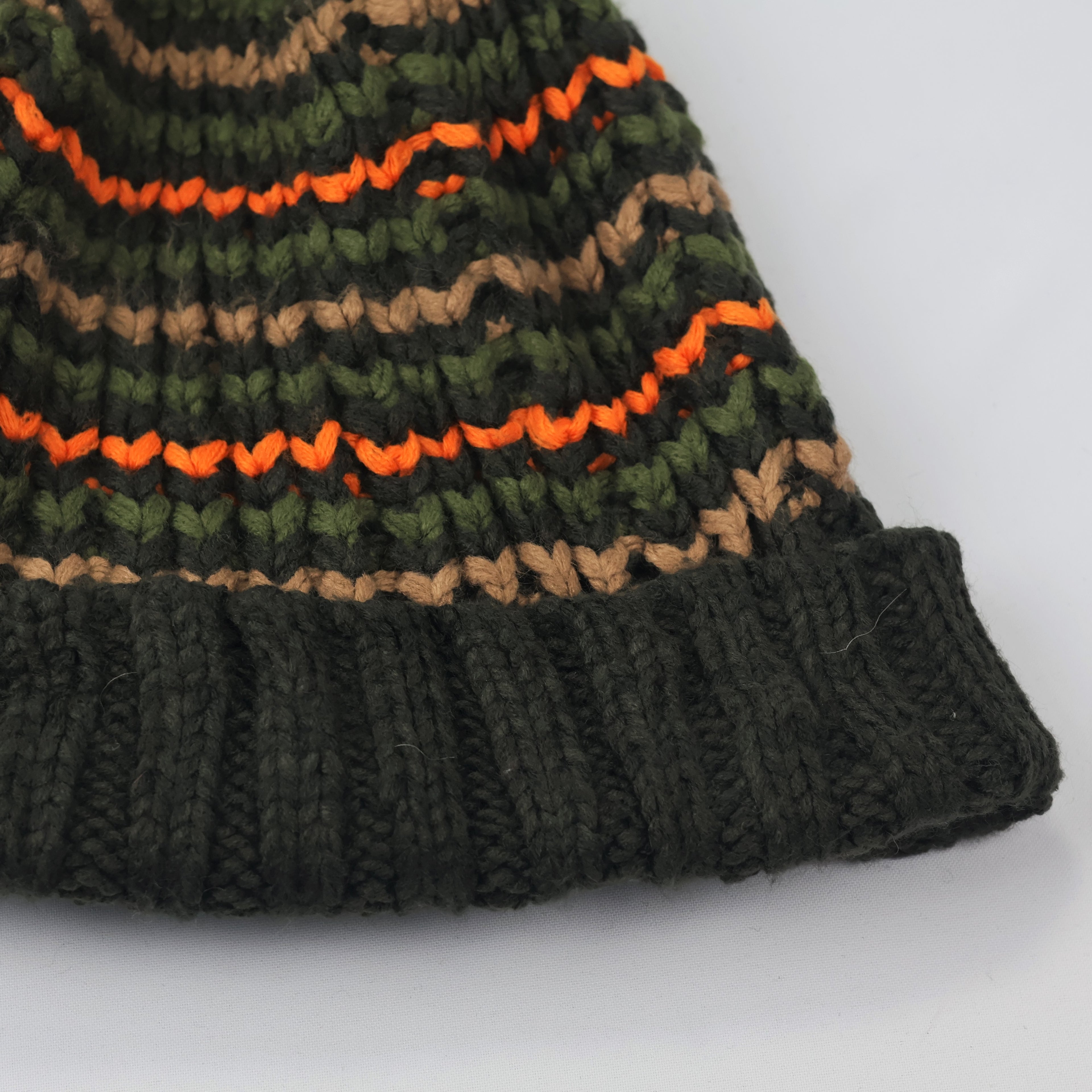 Made in Korea Zig-Zag Knit Beanie | Forest Green & Orange Pom Pom Hat | Retro Style