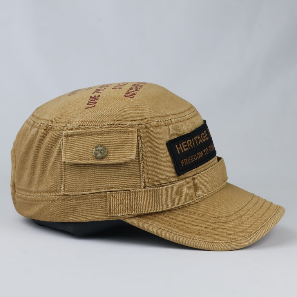 Vintage Jeep Spirit Army Style Hat - Tan Distressed Heritage Flat Top Cap