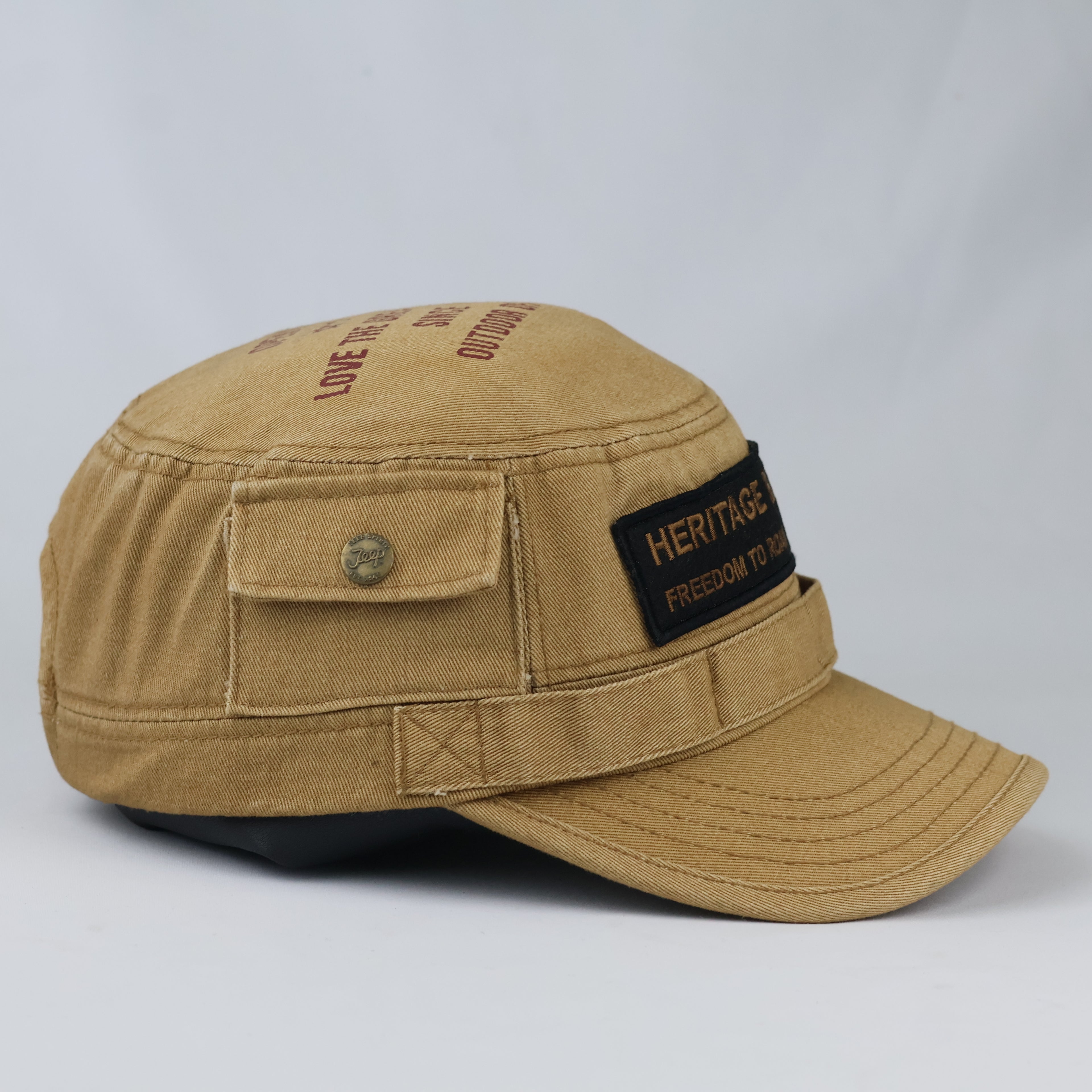 Vintage Jeep Spirit Army Style Hat - Tan Distressed Heritage Flat Top Cap