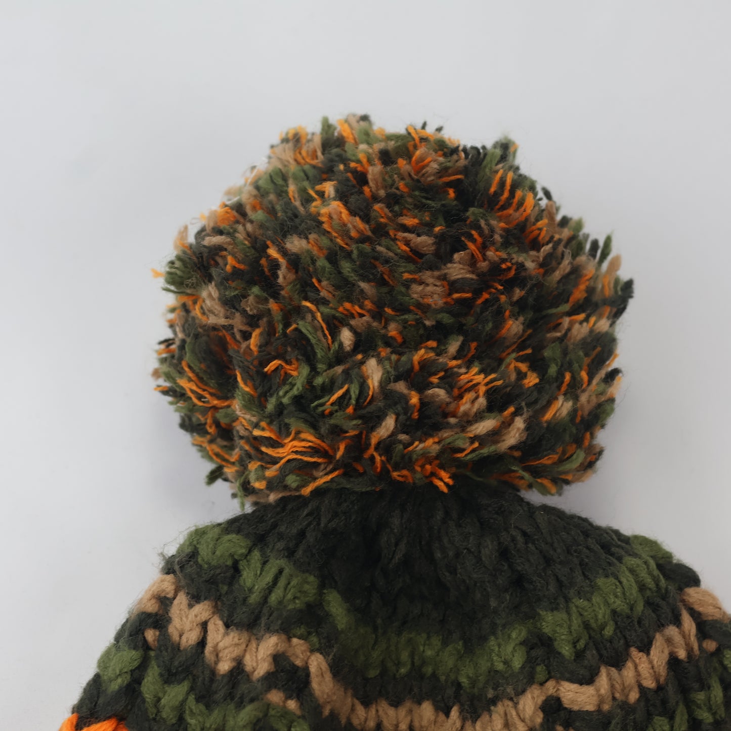 Made in Korea Zig-Zag Knit Beanie | Forest Green & Orange Pom Pom Hat | Retro Style