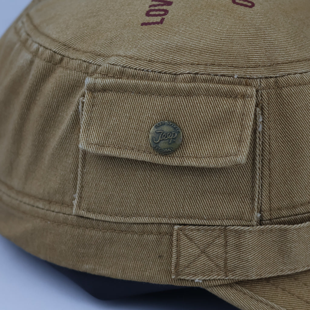Vintage Jeep Spirit Army Style Hat - Tan Distressed Heritage Flat Top Cap