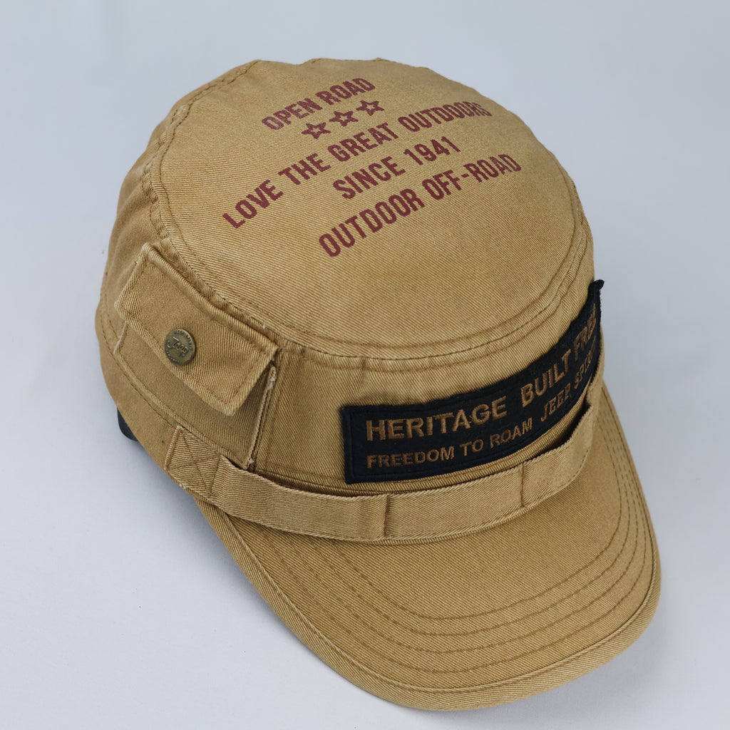 Vintage Jeep Spirit Army Style Hat - Tan Distressed Heritage Flat Top Cap