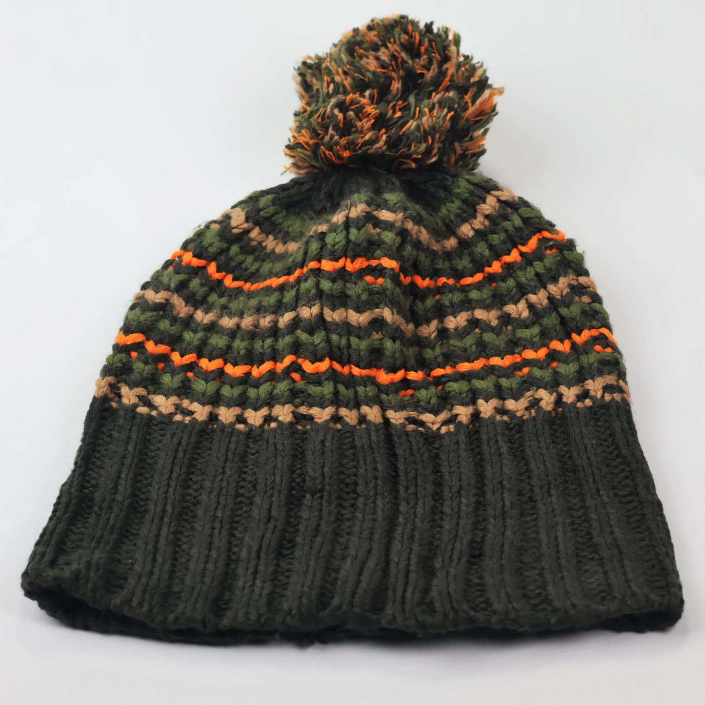Made in Korea Zig-Zag Knit Beanie | Forest Green & Orange Pom Pom Hat | Retro Style