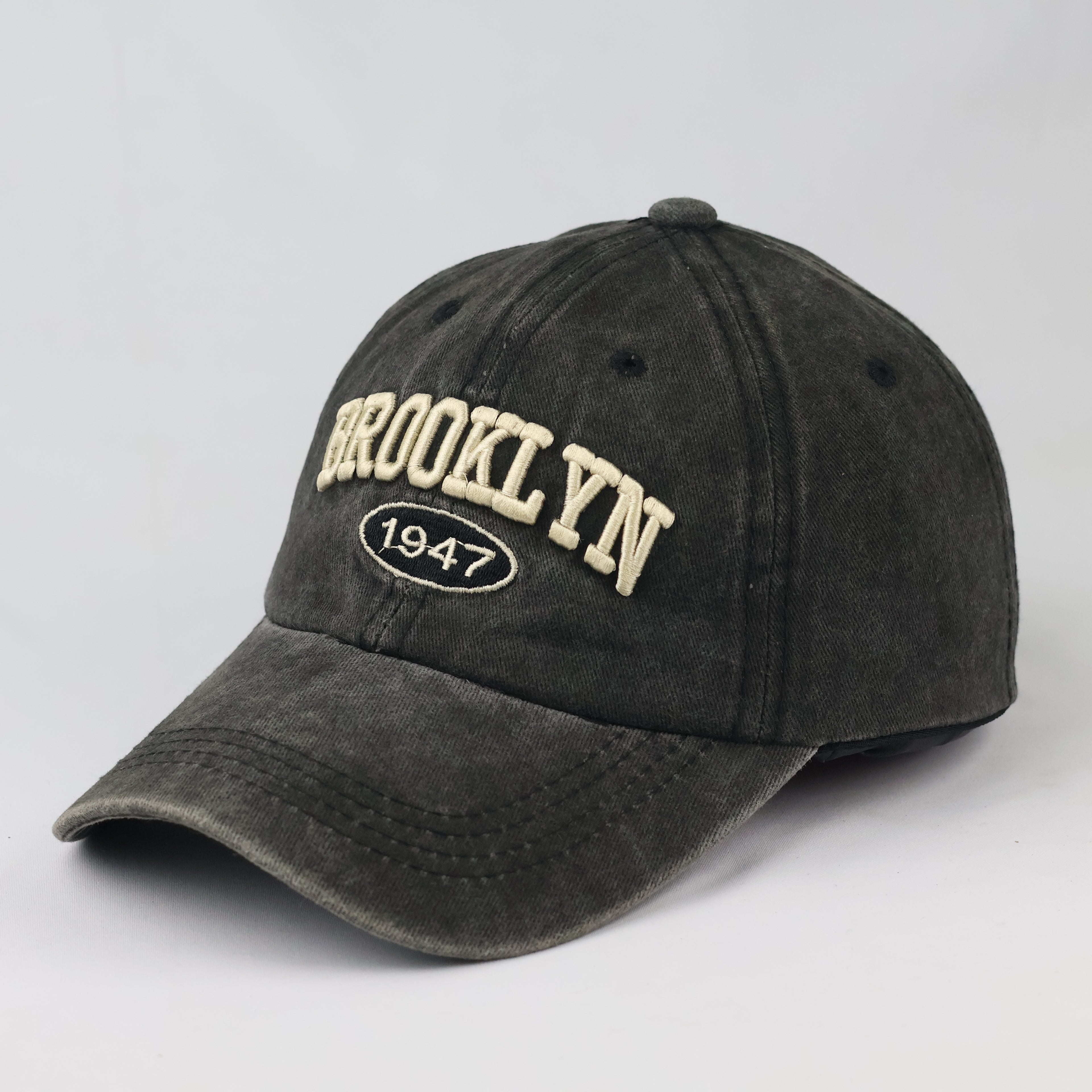 Retro Brooklyn Embroidered Graphic Cap - Acid Wash Charcoal Sport Hat