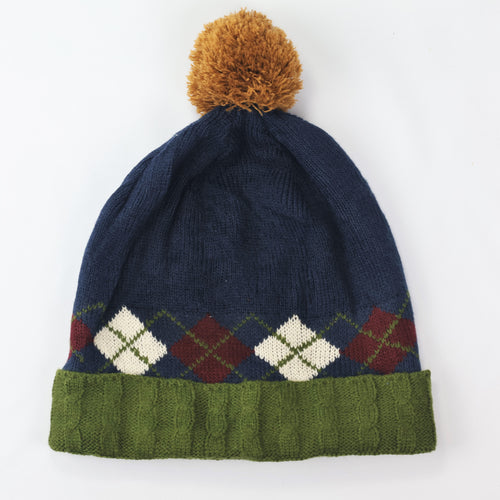 Argyle Pattern Pom Pom Beanie | Navy & Green Preppy Style Knit Hat | Korean Import