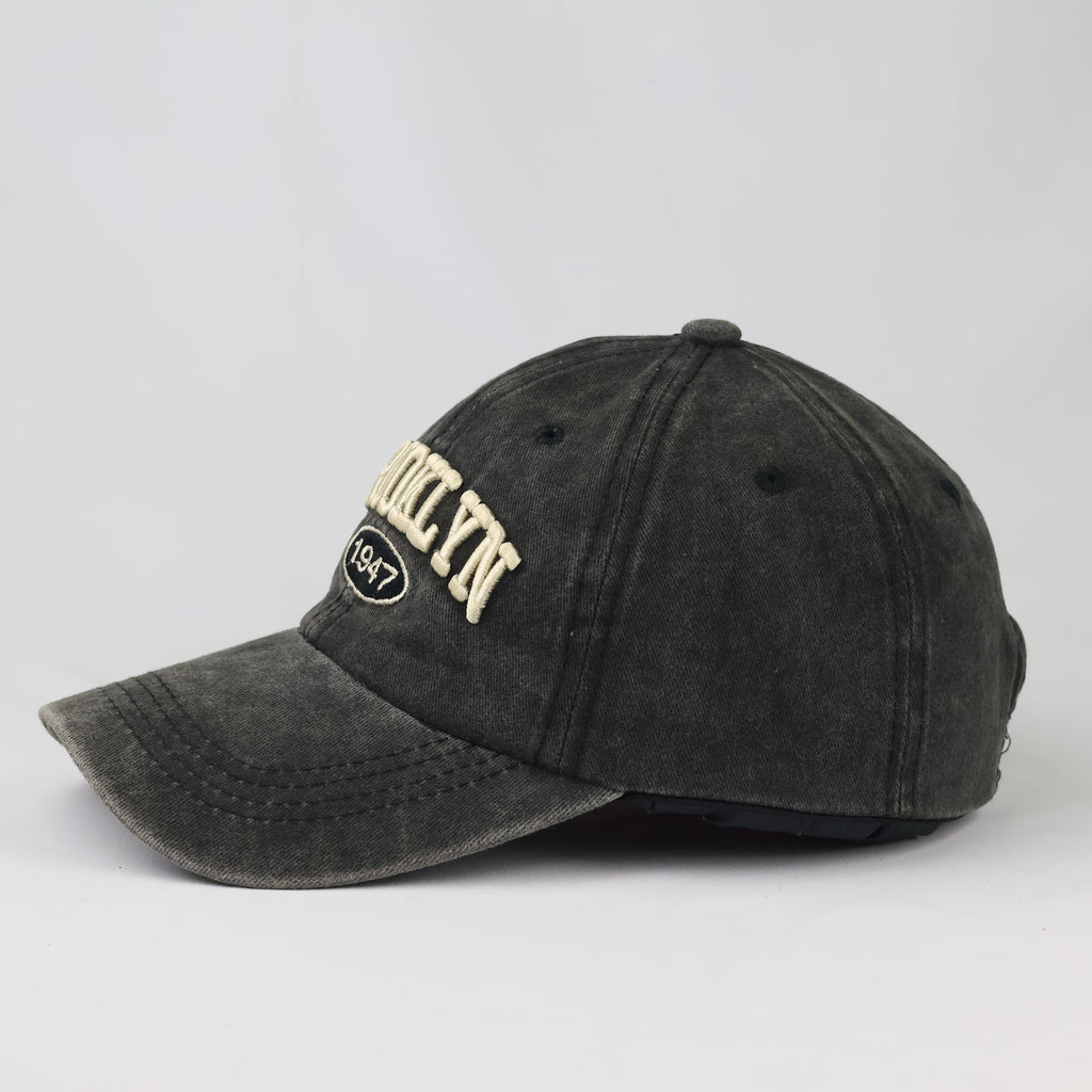 Retro Brooklyn Embroidered Graphic Cap - Acid Wash Charcoal Sport Hat