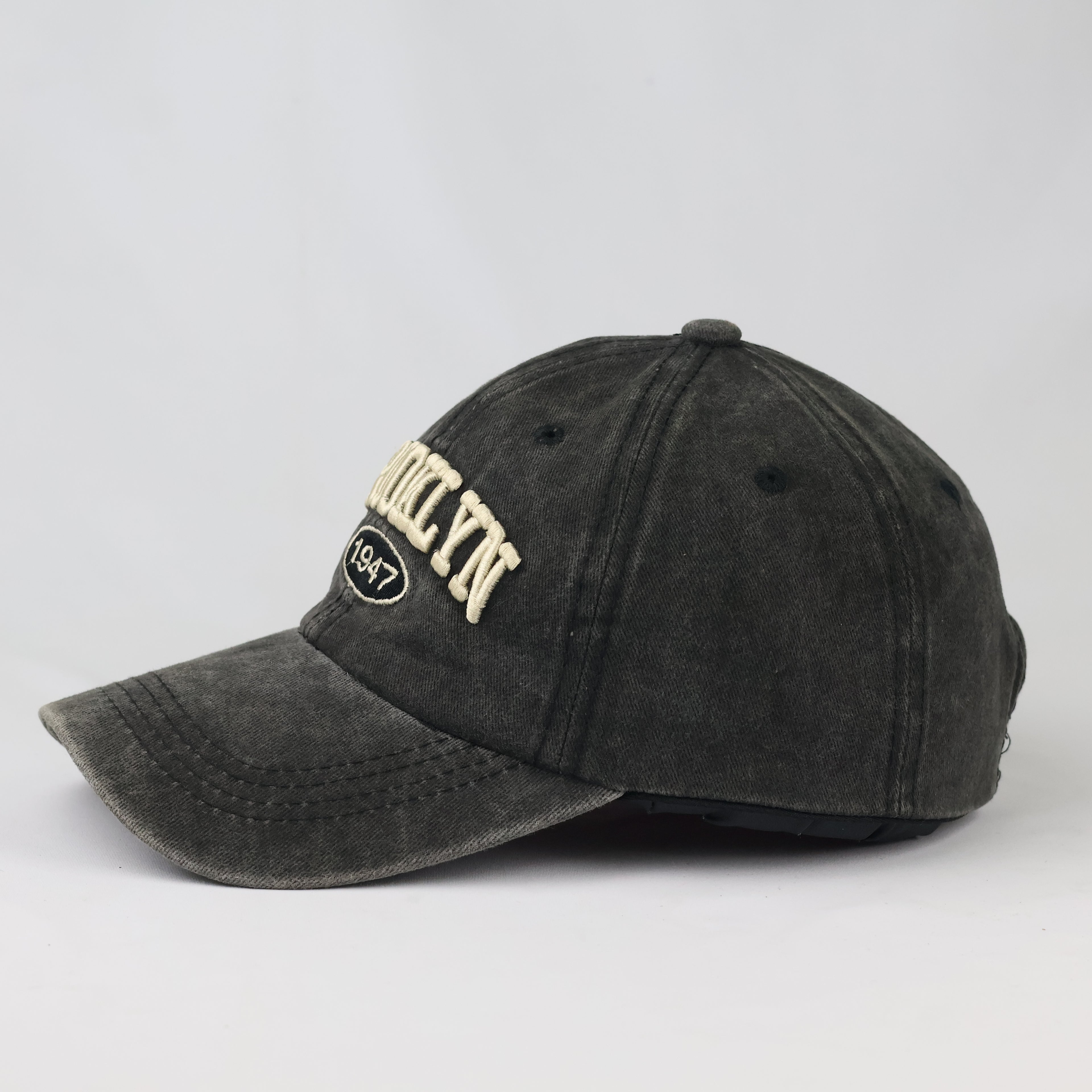 Retro Brooklyn Embroidered Graphic Cap - Acid Wash Charcoal Sport Hat