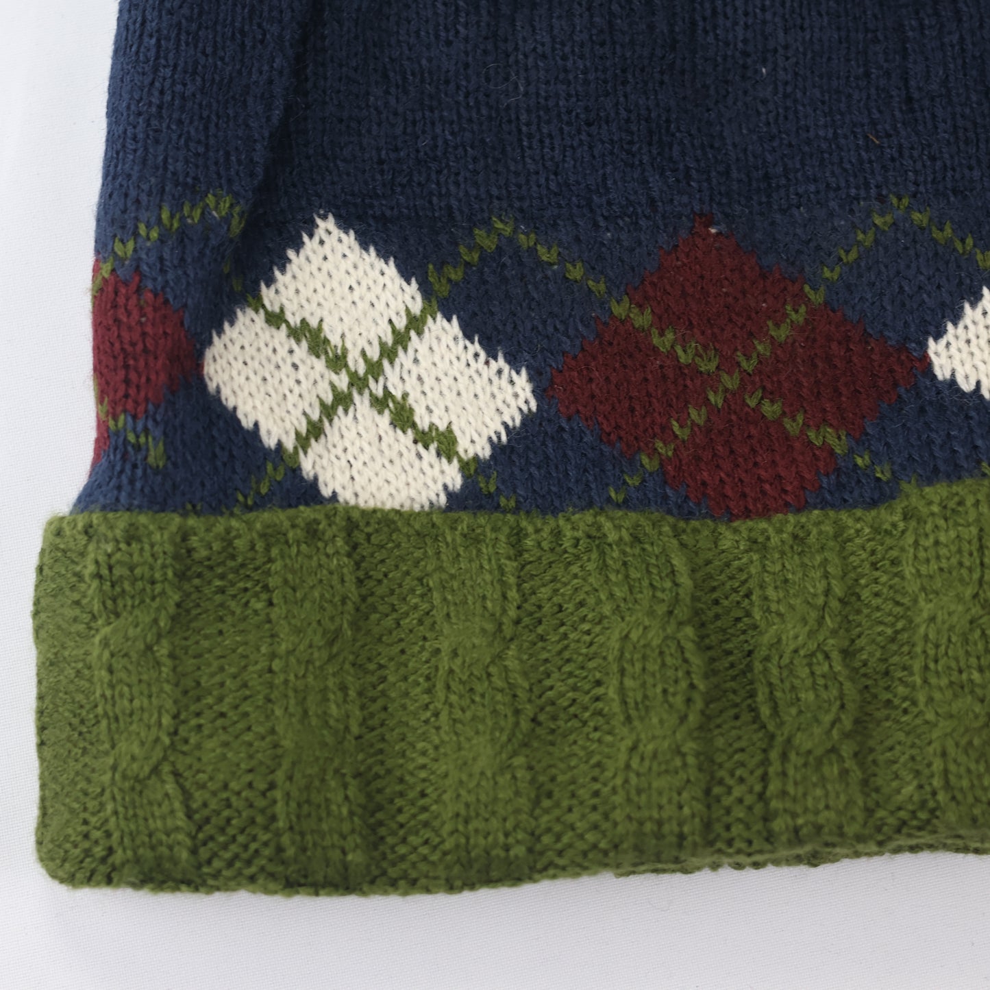 Argyle Pattern Pom Pom Beanie | Navy & Green Preppy Style Knit Hat | Korean Import