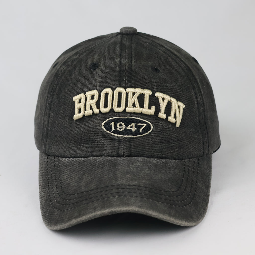 Retro Brooklyn Embroidered Graphic Cap - Acid Wash Charcoal Sport Hat