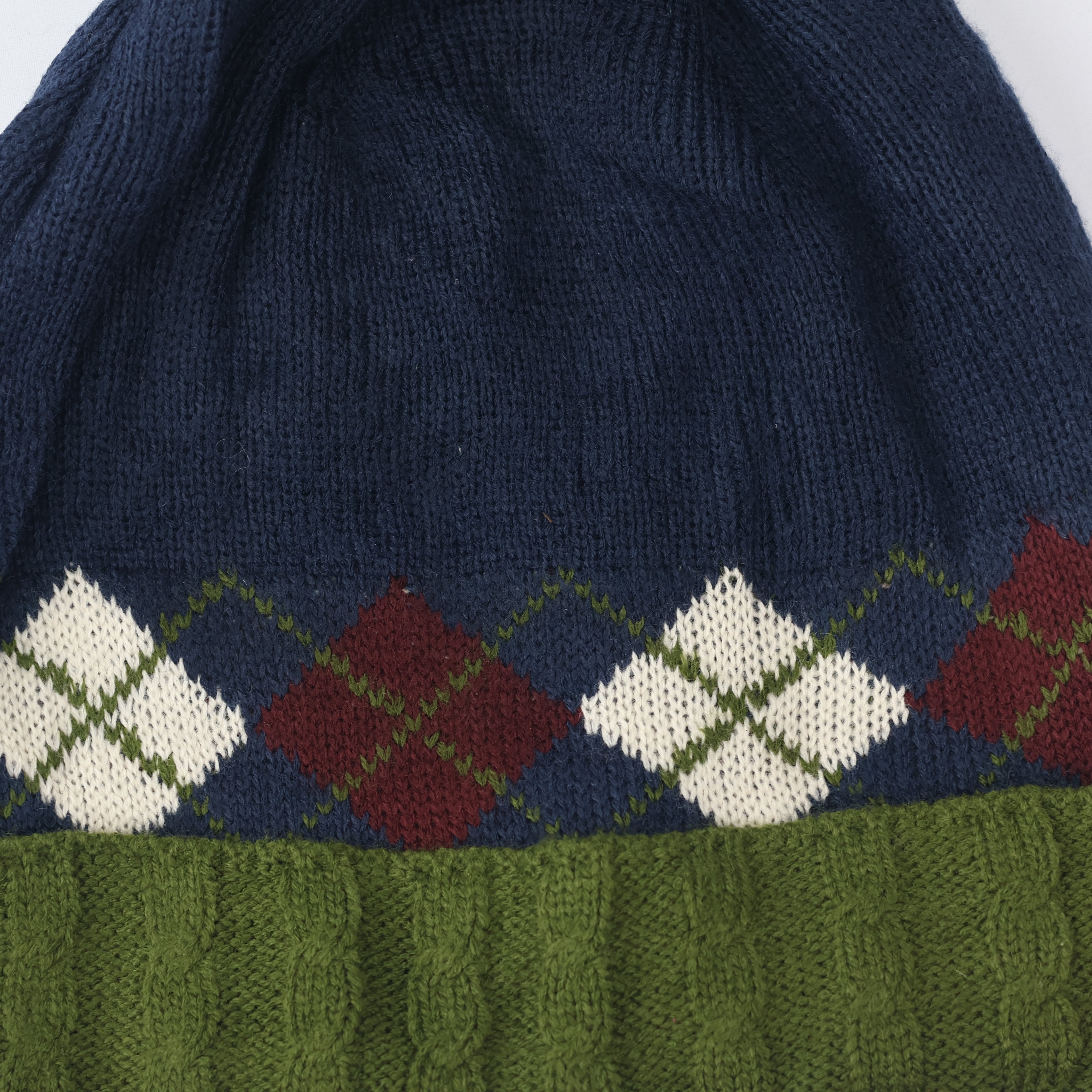 Argyle Pattern Pom Pom Beanie | Navy & Green Preppy Style Knit Hat | Korean Import