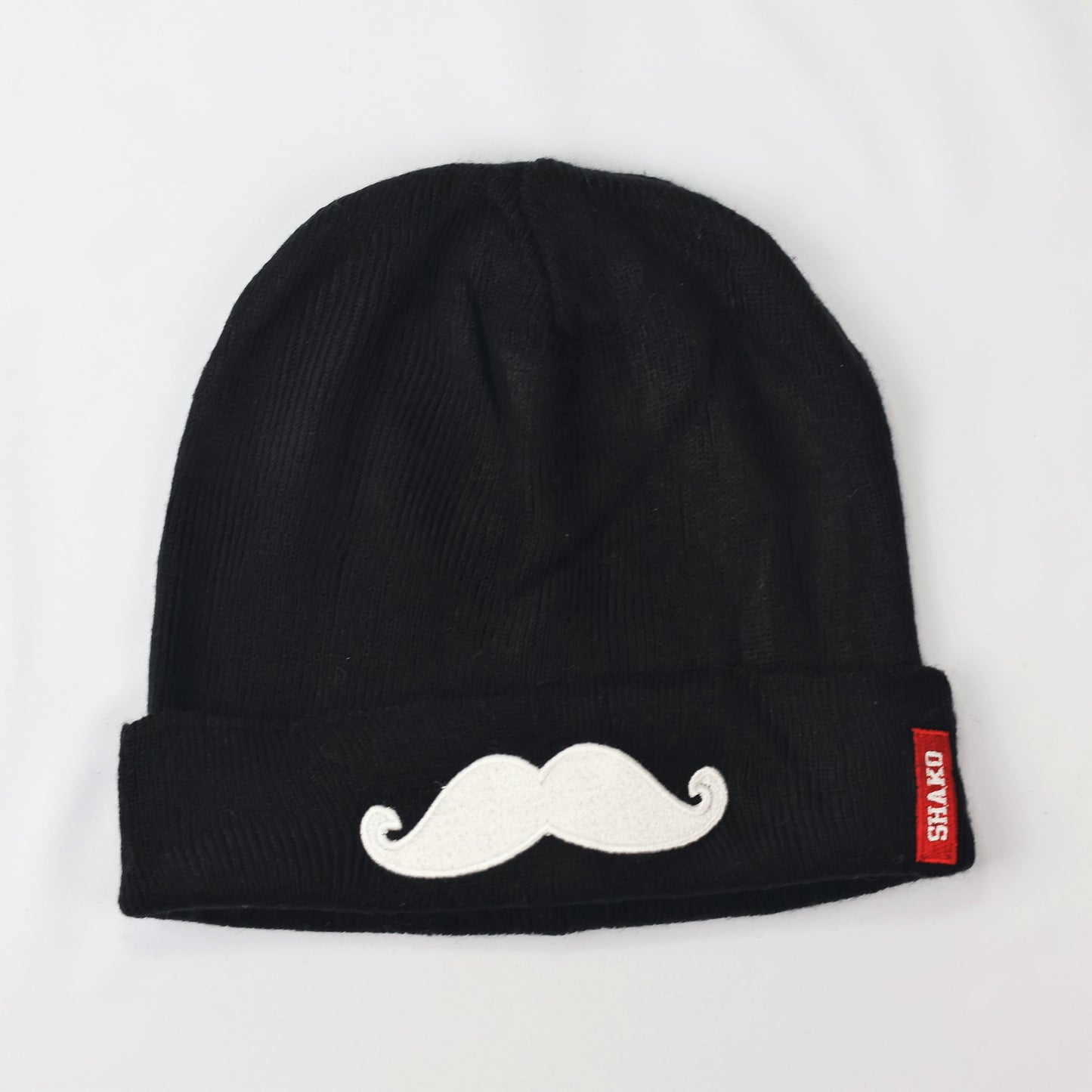Shako Korean Beanie | Black Hat with White Mustache Embroidery