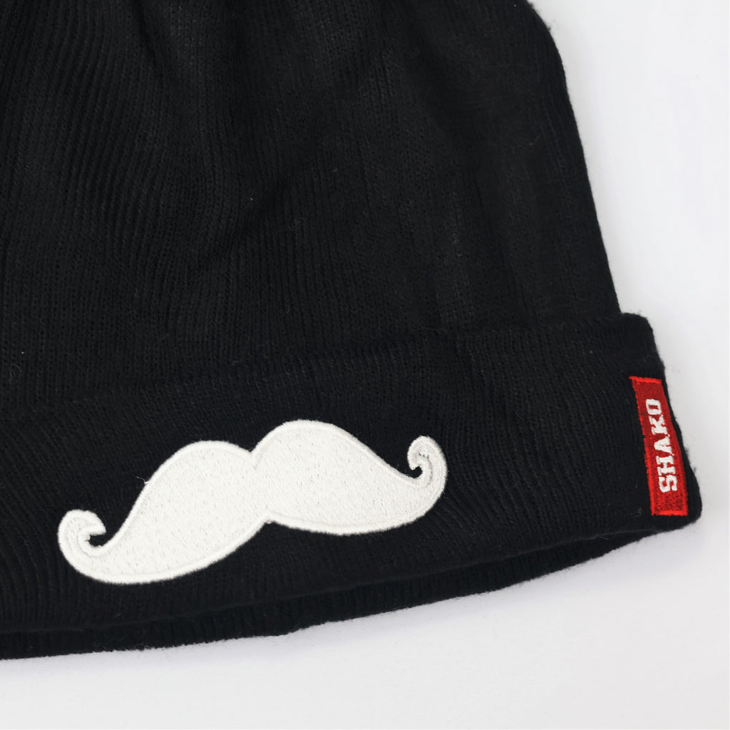 Shako Korean Beanie | Black Hat with White Mustache Embroidery