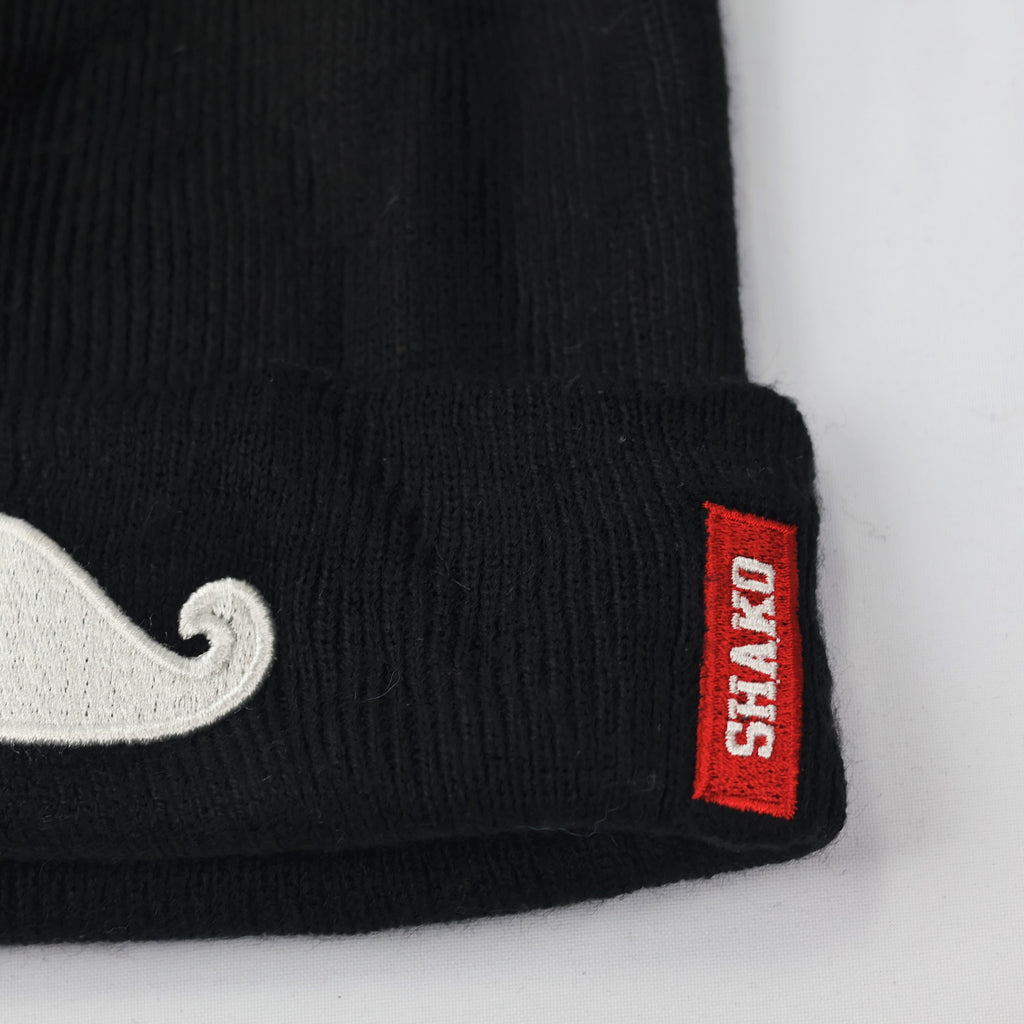 Shako Korean Beanie | Black Hat with White Mustache Embroidery