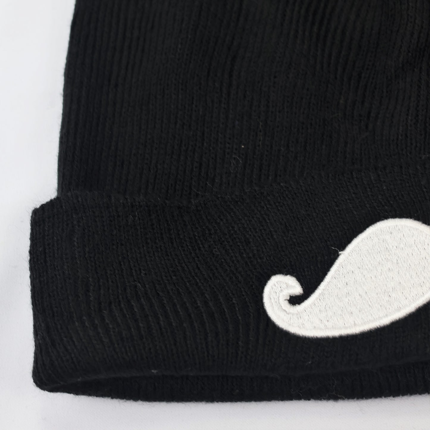 Shako Korean Beanie | Black Hat with White Mustache Embroidery