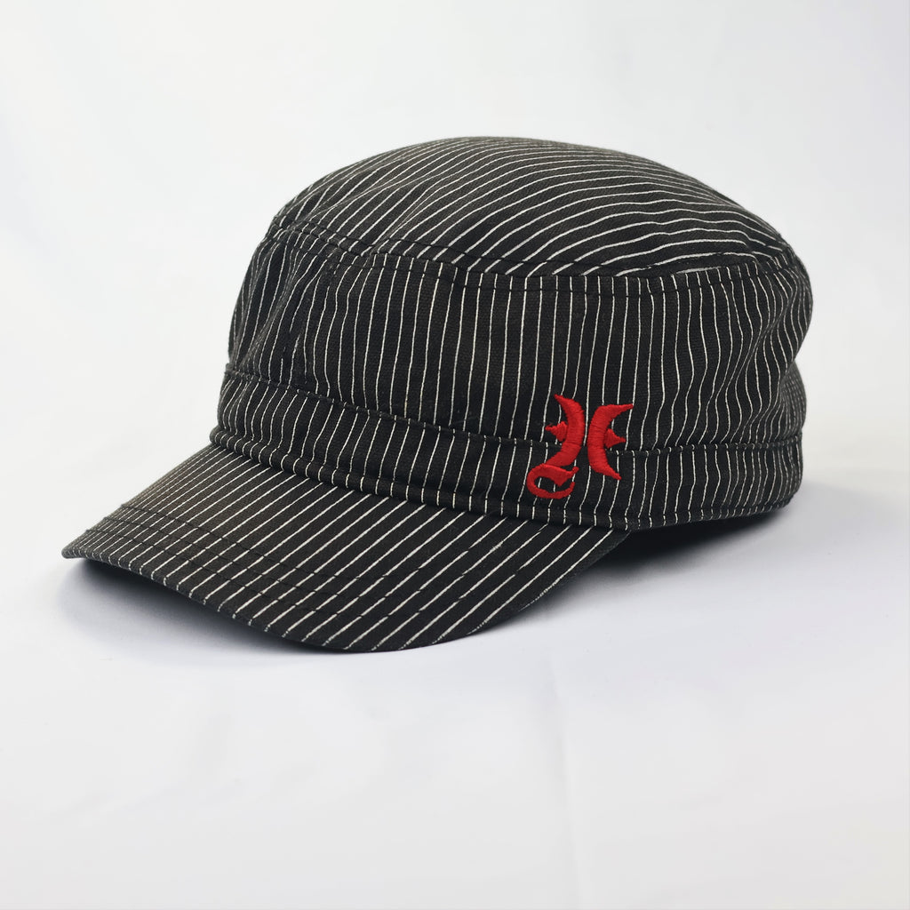 Vintage Hurley Pinstripe Thrifted Military Cap - Black & White Cadet Hat