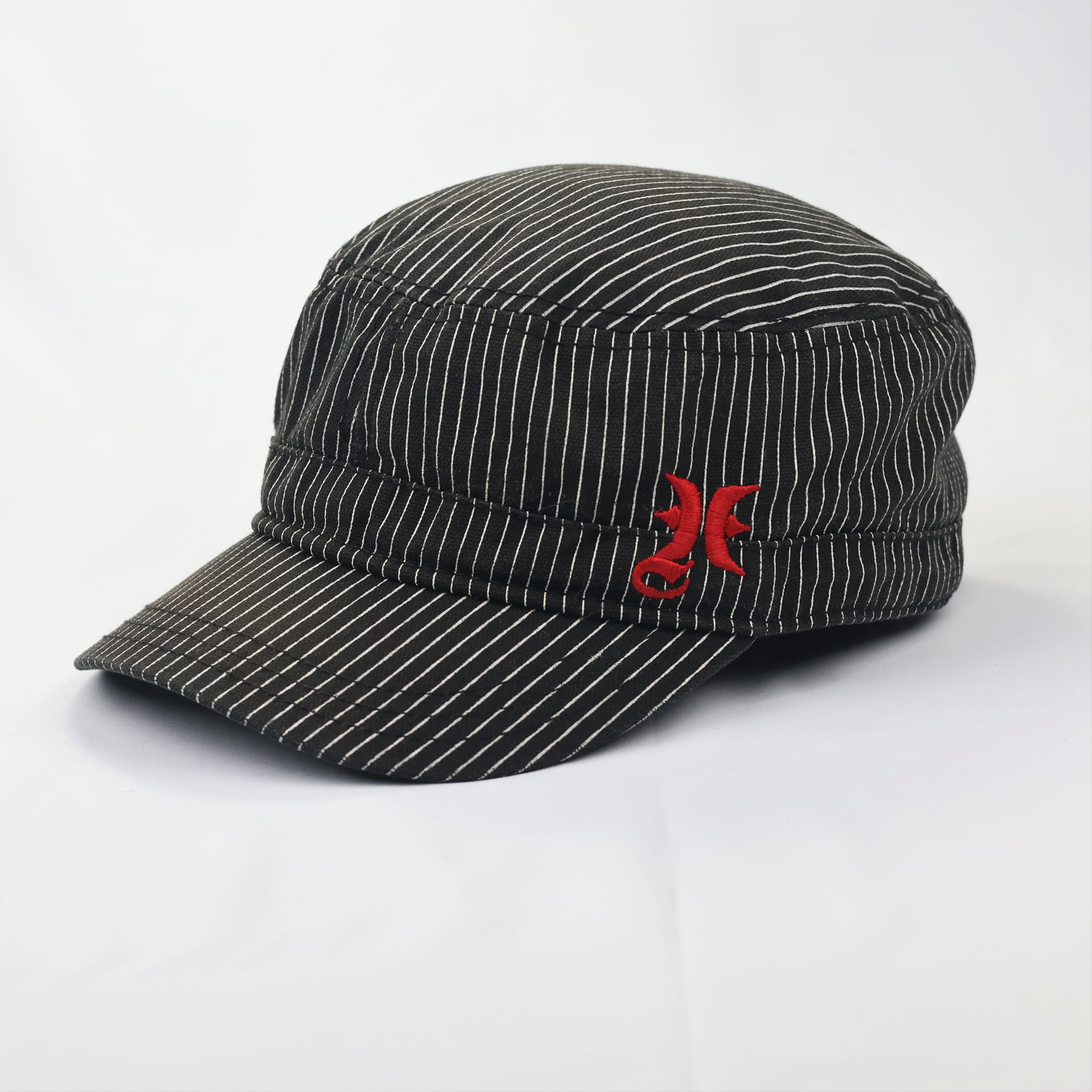 Vintage Hurley Pinstripe Thrifted Military Cap - Black & White Cadet Hat