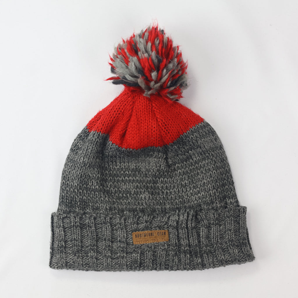 Kids Fleece Lined Winter Beanie | "Adventure Gear" Warm Pom Pom Hat | Grey & Red