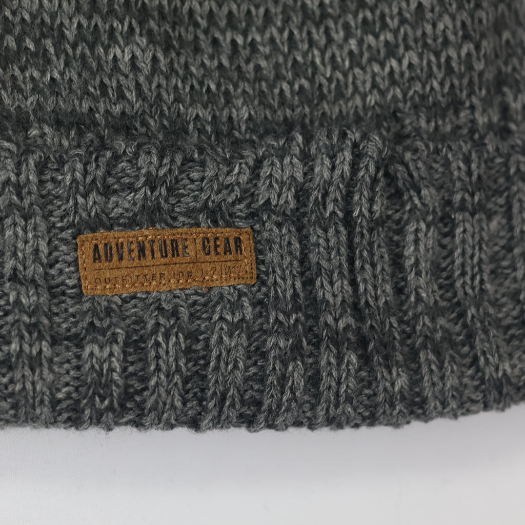 Kids Fleece Lined Winter Beanie | "Adventure Gear" Warm Pom Pom Hat | Grey & Red