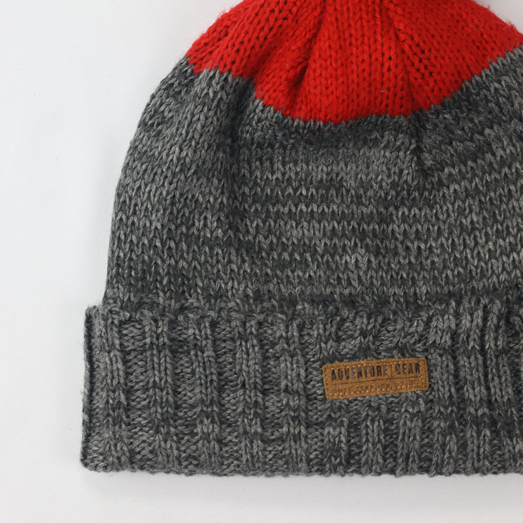 Kids Fleece Lined Winter Beanie | "Adventure Gear" Warm Pom Pom Hat | Grey & Red