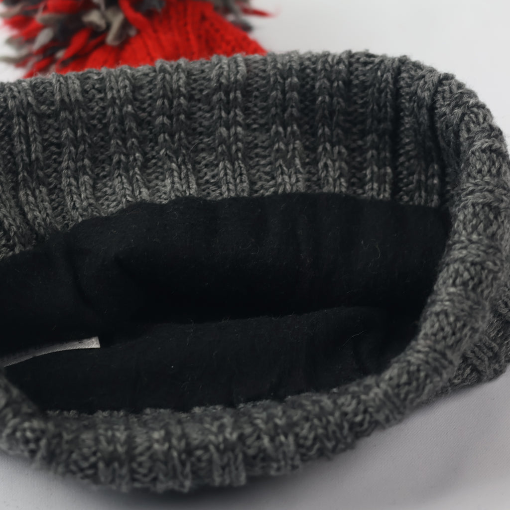 Kids Fleece Lined Winter Beanie | "Adventure Gear" Warm Pom Pom Hat | Grey & Red