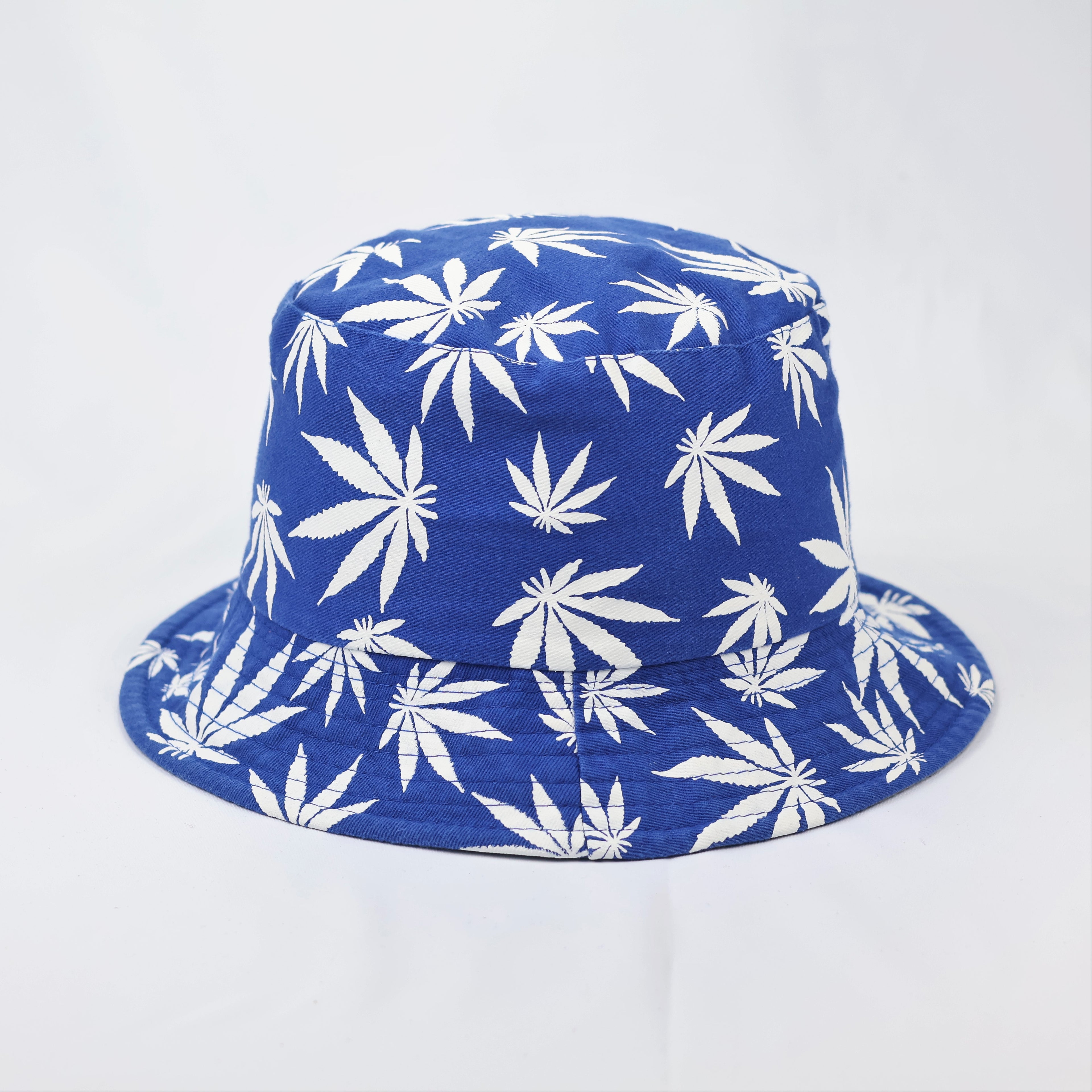 Reversible Blue Marijuana Leaf Bucket Hat - 2-in-1 Summer Festival Sun Hat
