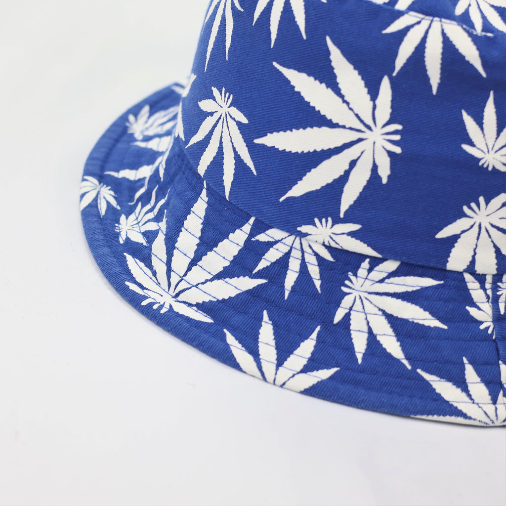 Reversible Blue Marijuana Leaf Bucket Hat - 2-in-1 Summer Festival Sun Hat