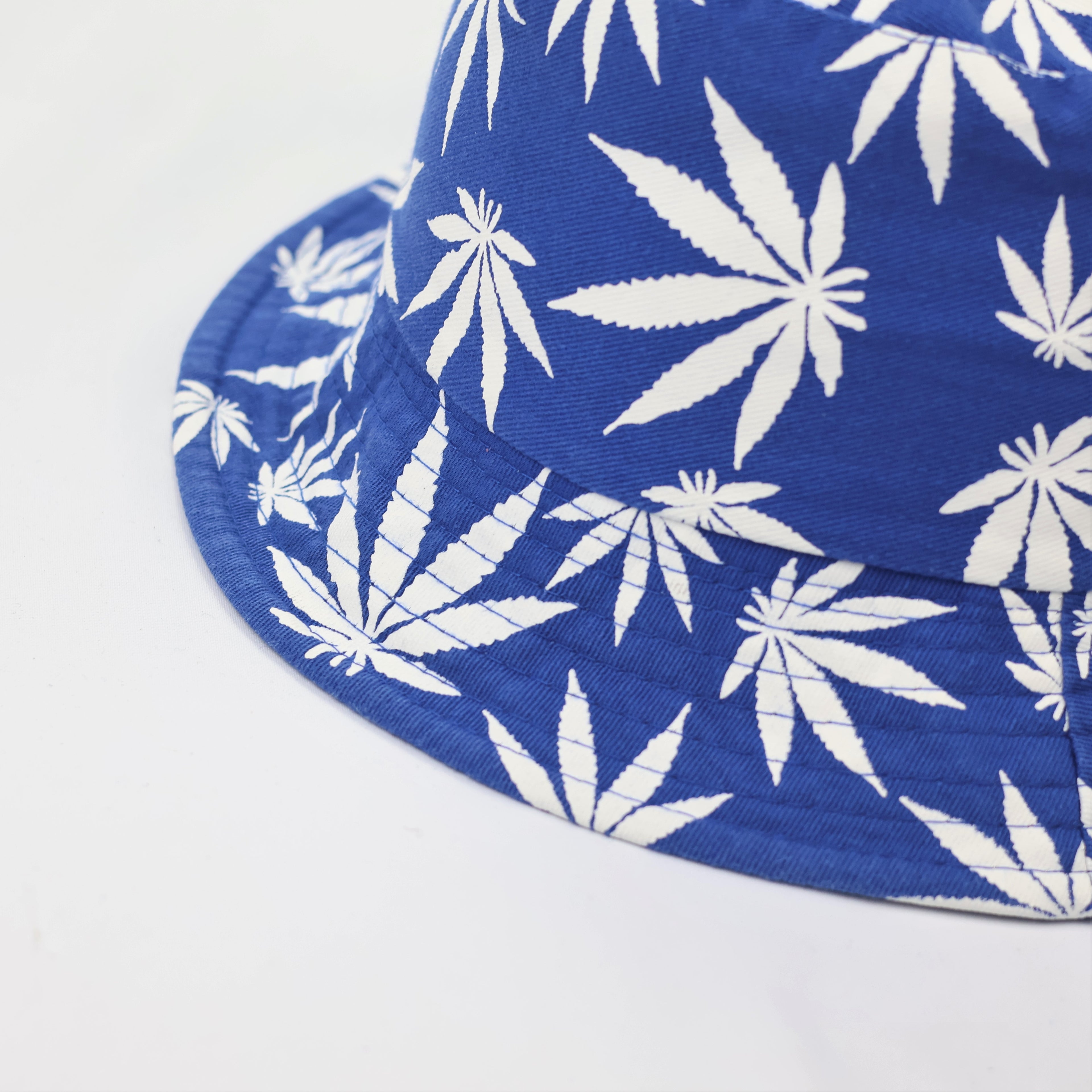 Reversible Blue Marijuana Leaf Bucket Hat - 2-in-1 Summer Festival Sun Hat