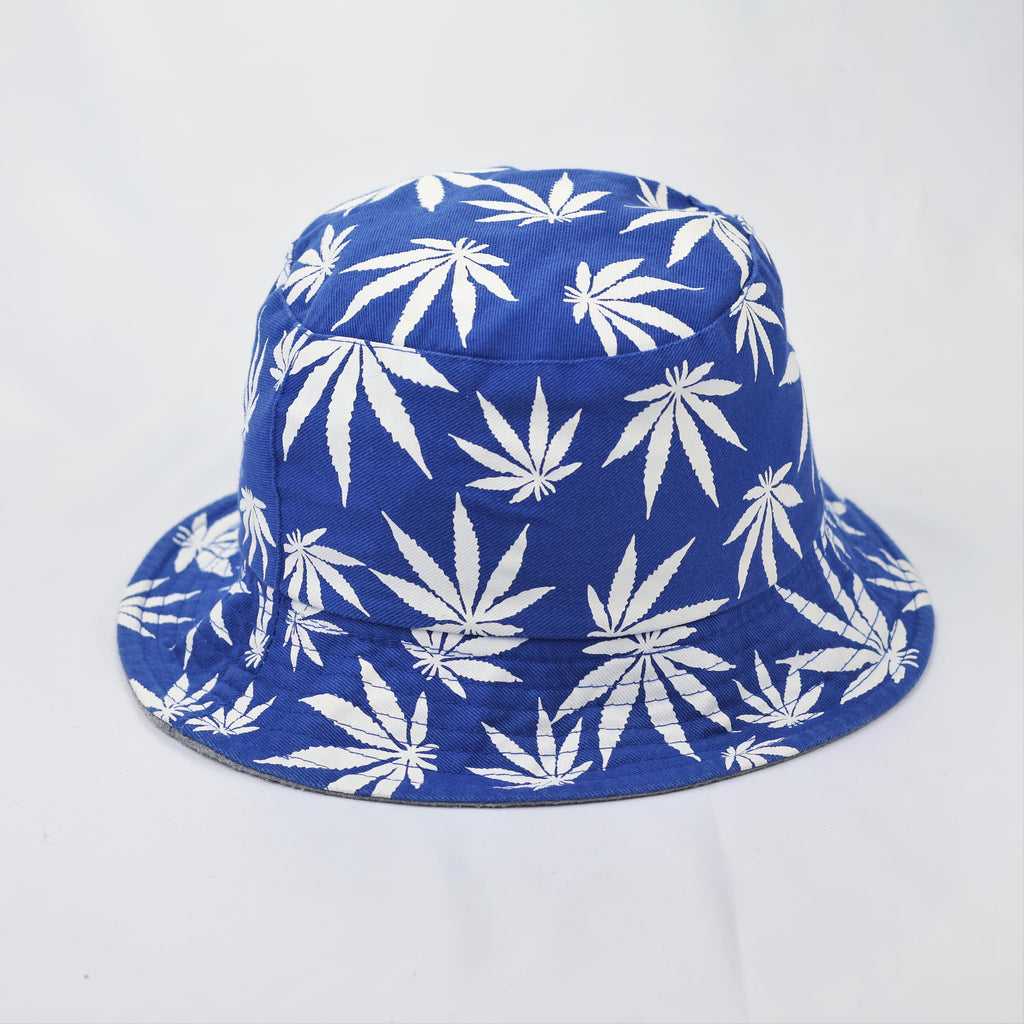 Reversible Blue Marijuana Leaf Bucket Hat - 2-in-1 Summer Festival Sun Hat