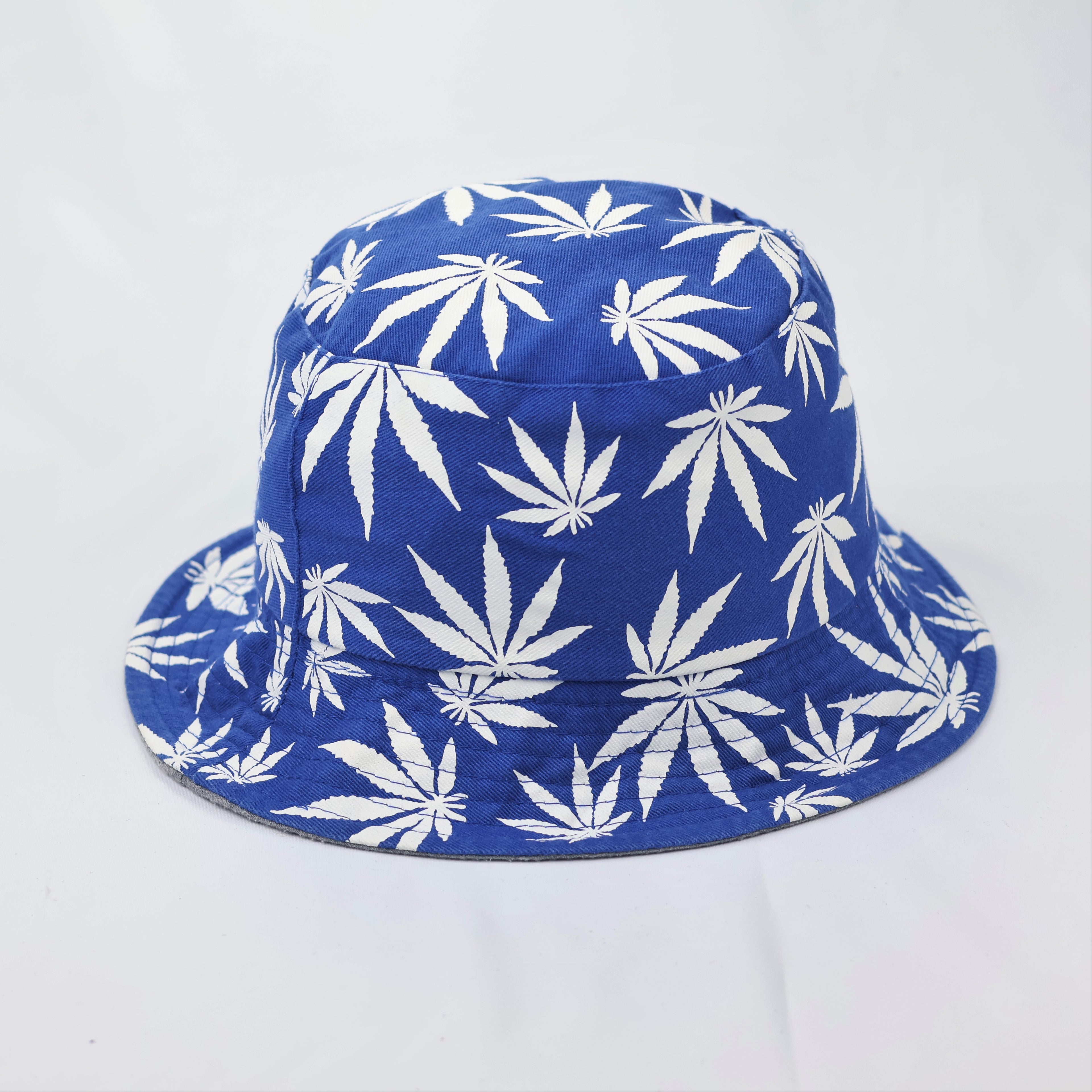 Reversible Blue Marijuana Leaf Bucket Hat - 2-in-1 Summer Festival Sun Hat