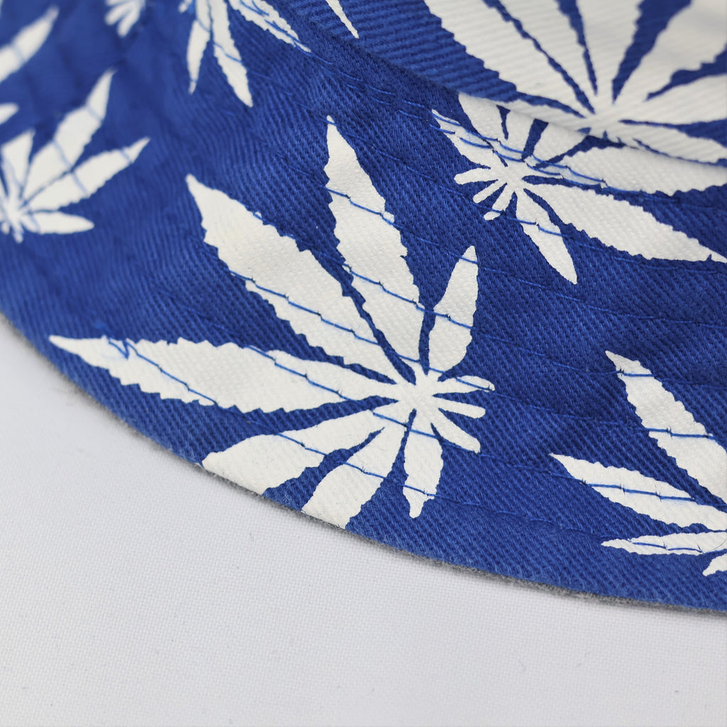 Reversible Blue Marijuana Leaf Bucket Hat - 2-in-1 Summer Festival Sun Hat