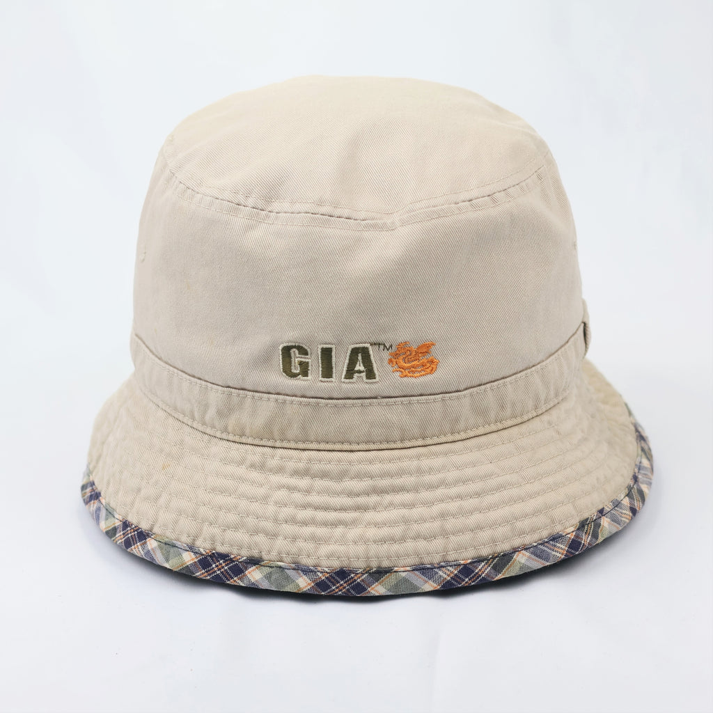Golilla Vintage Beige Bucket Thrifted Hat - Plaid Brim Sun Hat with Dragon Logo
