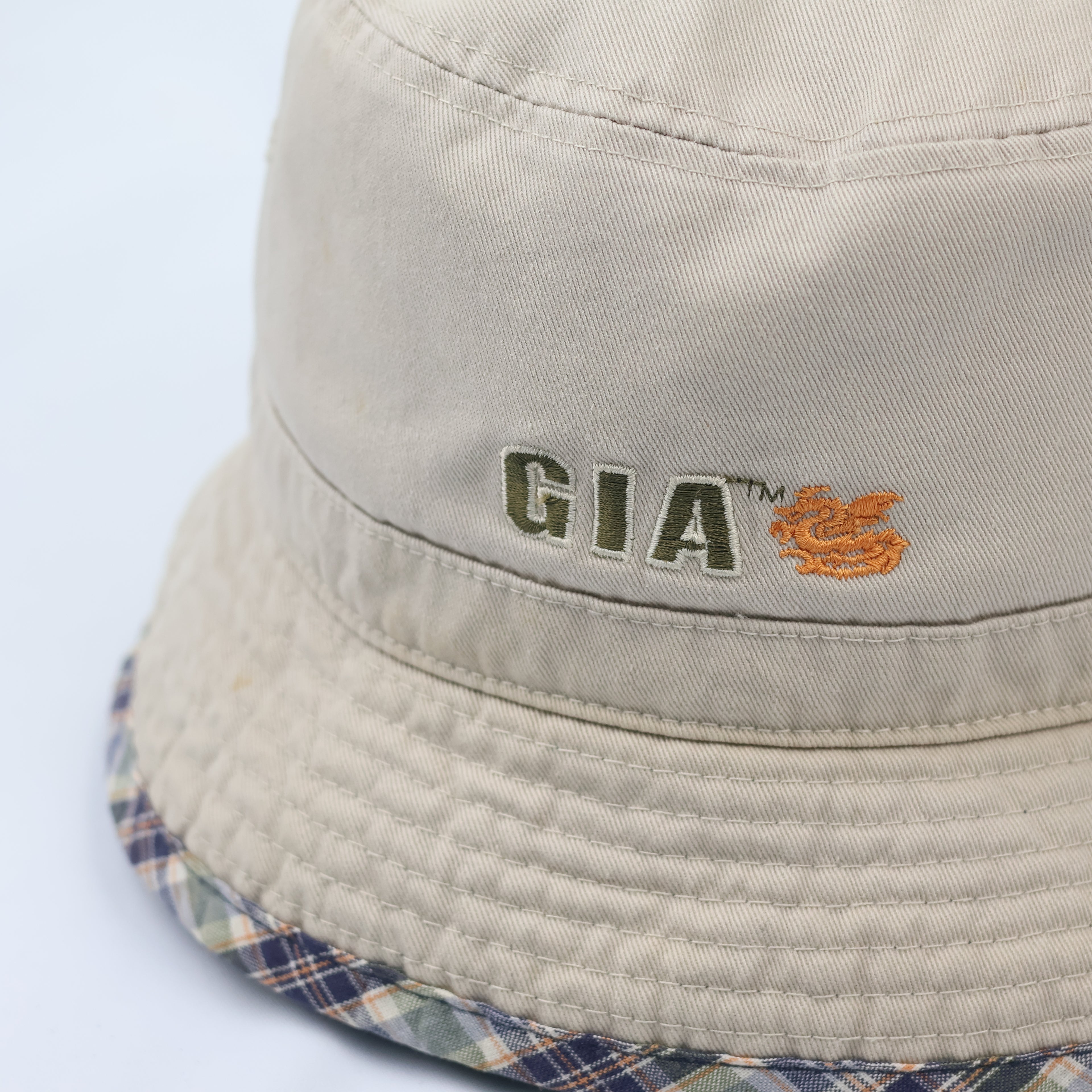 Golilla Vintage Beige Bucket Thrifted Hat - Plaid Brim Sun Hat with Dragon Logo