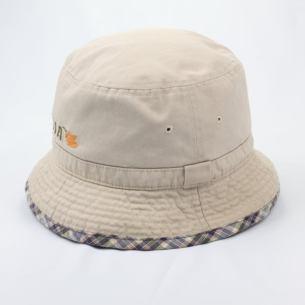 Golilla Vintage Beige Bucket Thrifted Hat - Plaid Brim Sun Hat with Dragon Logo