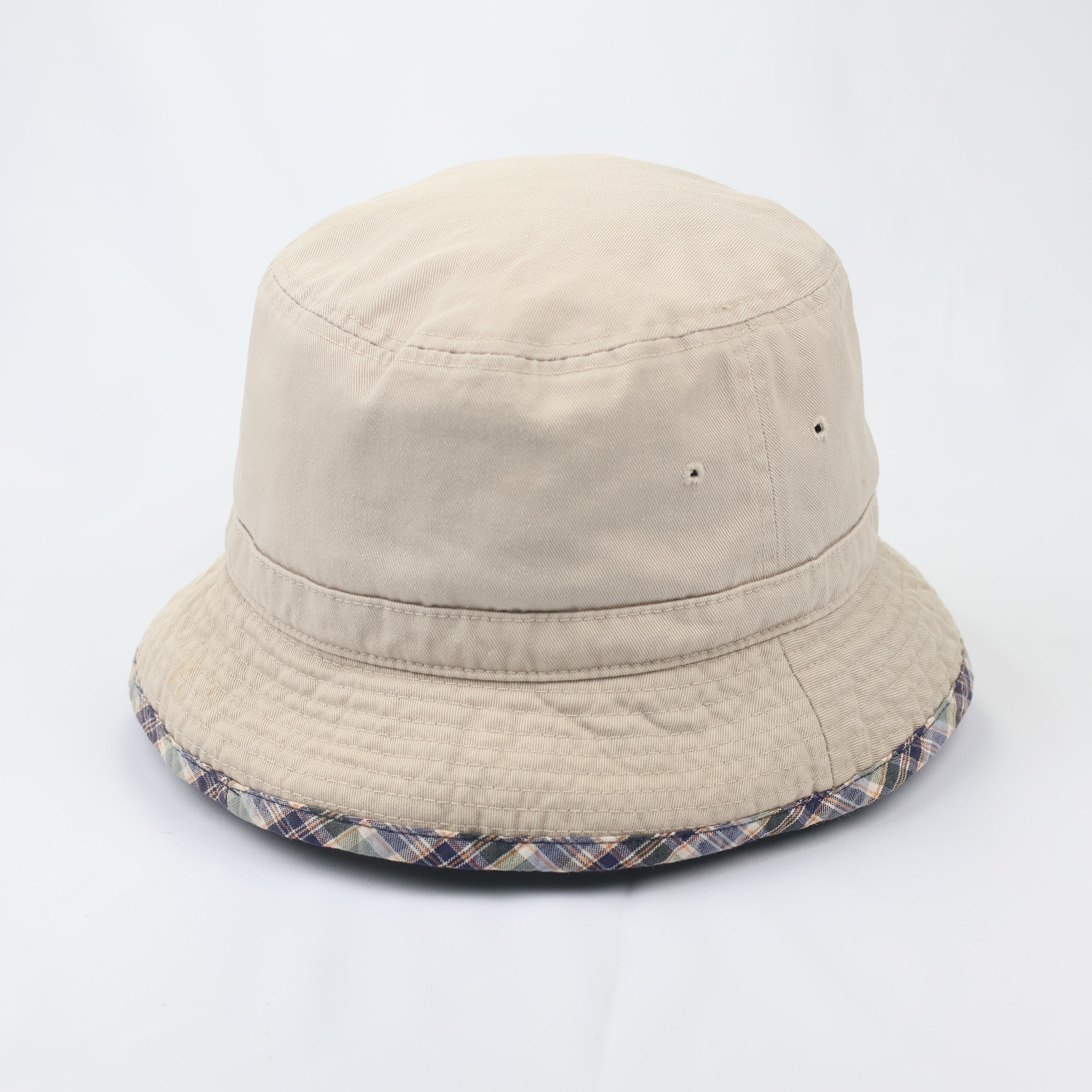Golilla Vintage Beige Bucket Thrifted Hat - Plaid Brim Sun Hat with Dragon Logo