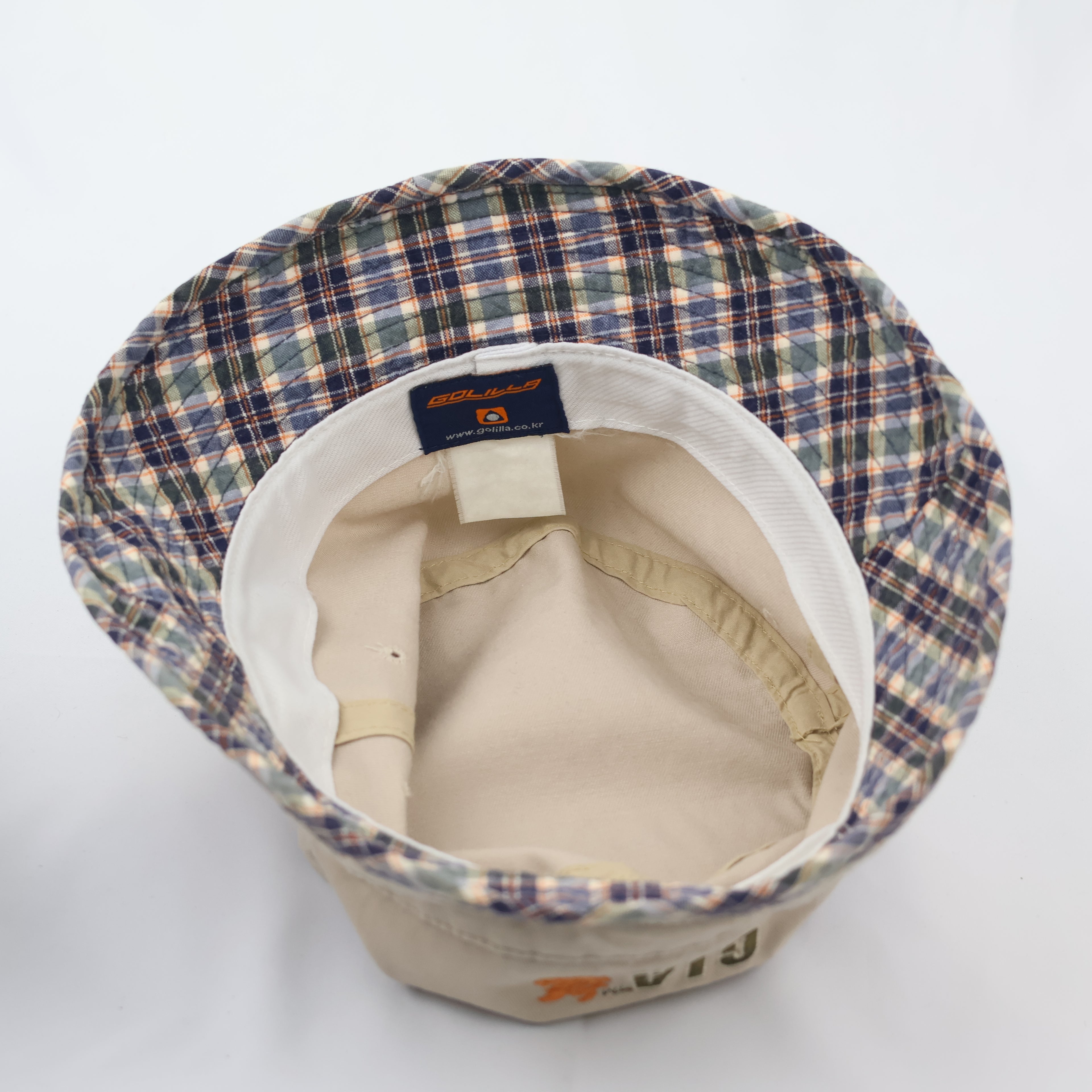 Golilla Vintage Beige Bucket Thrifted Hat - Plaid Brim Sun Hat with Dragon Logo