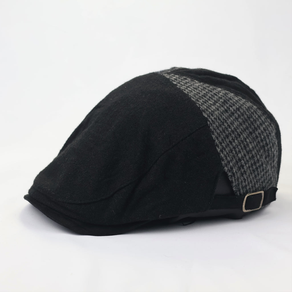 Vintage Mixed Pattern Newsboy Thrifted Cap - Adjustable Black Wool Blend Hat
