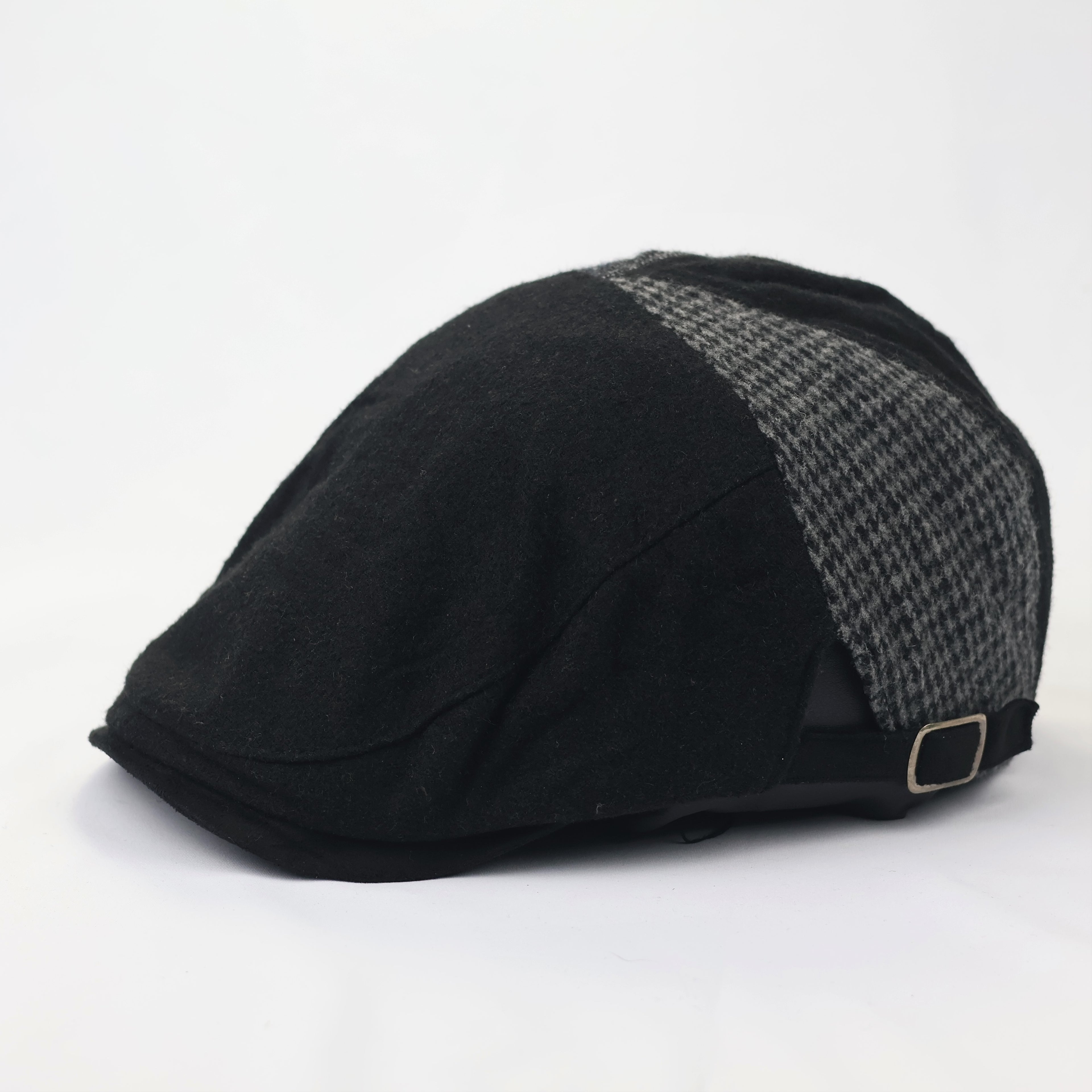 Vintage Mixed Pattern Newsboy Thrifted Cap - Adjustable Black Wool Blend Hat