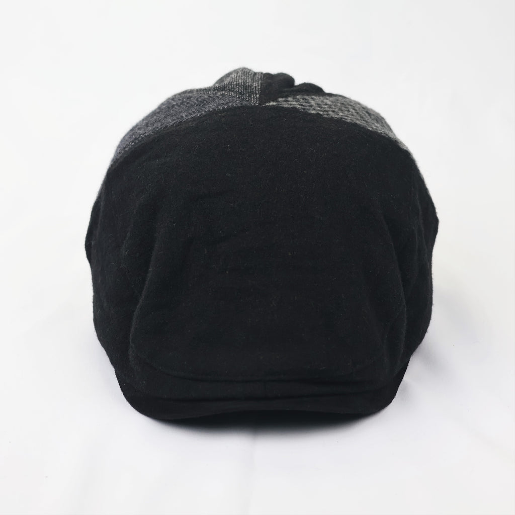 Vintage Mixed Pattern Newsboy Thrifted Cap - Adjustable Black Wool Blend Hat
