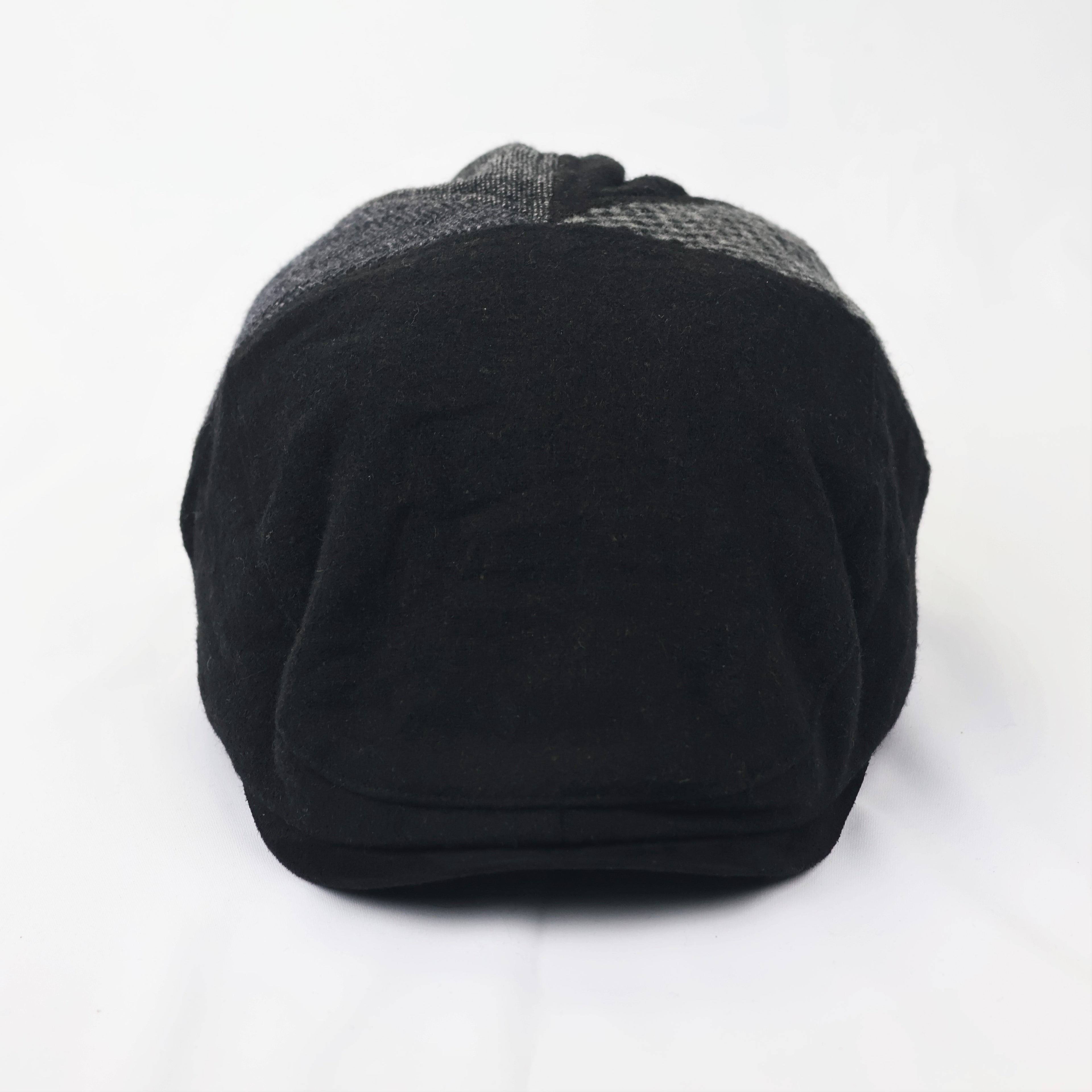 Vintage Mixed Pattern Newsboy Thrifted Cap - Adjustable Black Wool Blend Hat