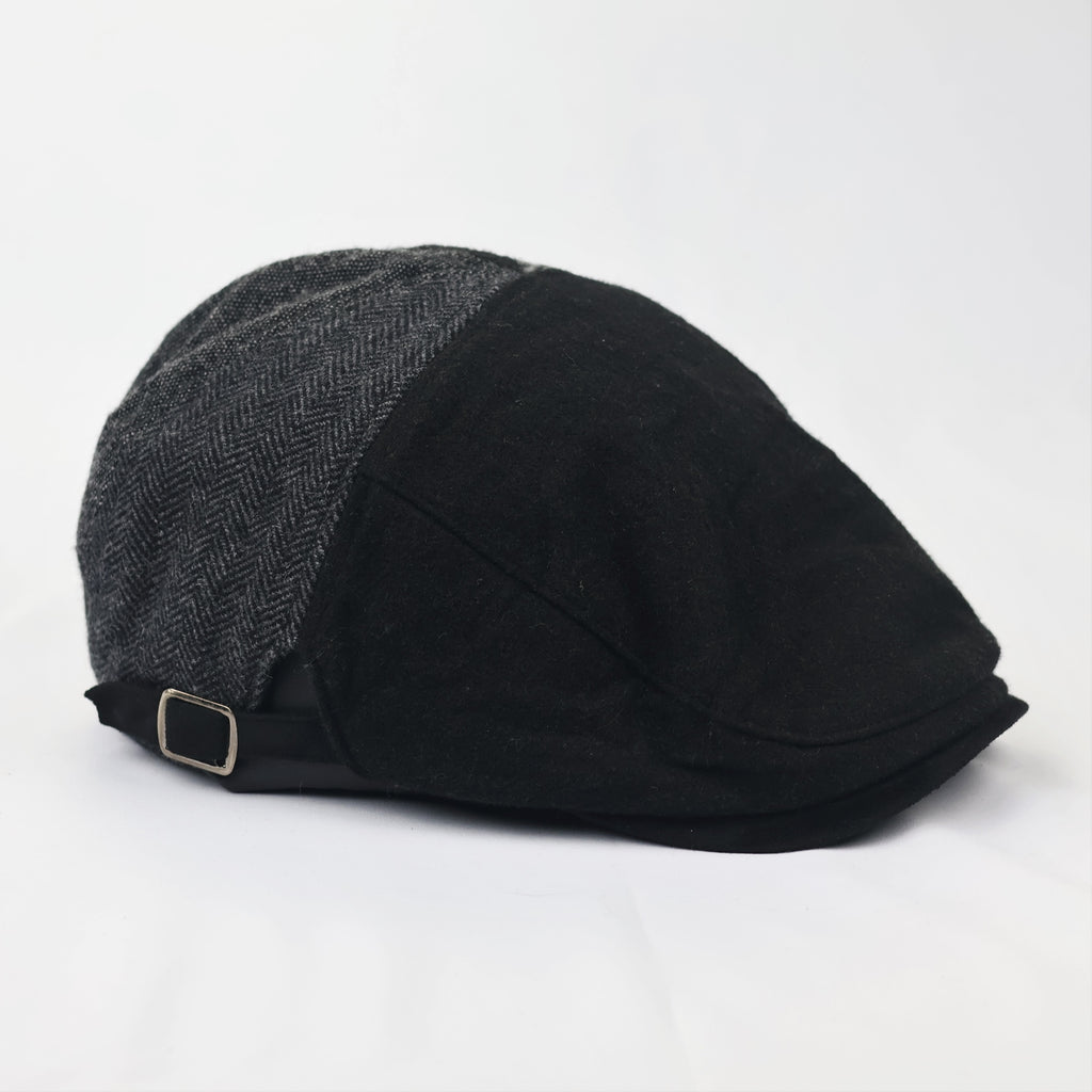 Vintage Mixed Pattern Newsboy Thrifted Cap - Adjustable Black Wool Blend Hat