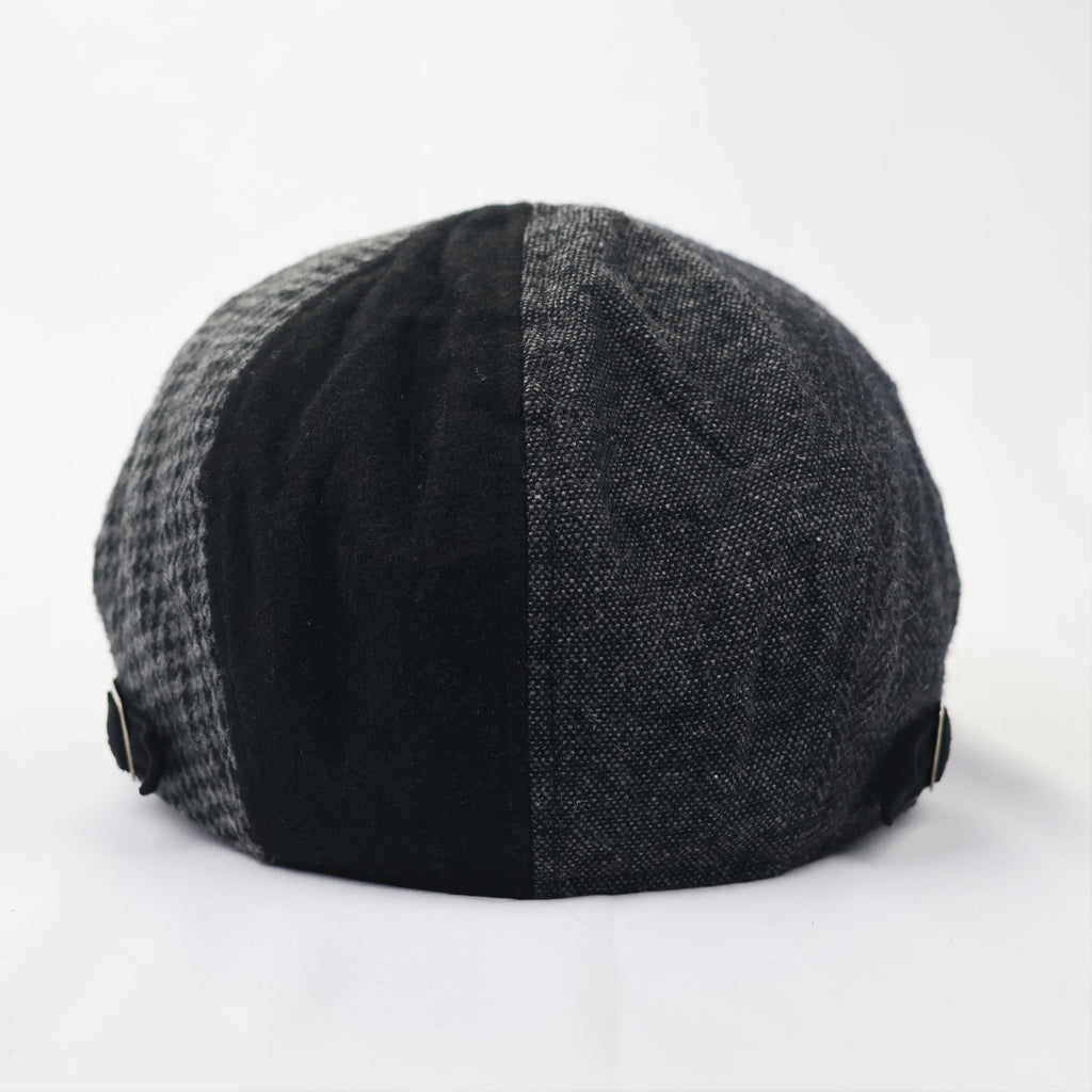 Vintage Mixed Pattern Newsboy Thrifted Cap - Adjustable Black Wool Blend Hat