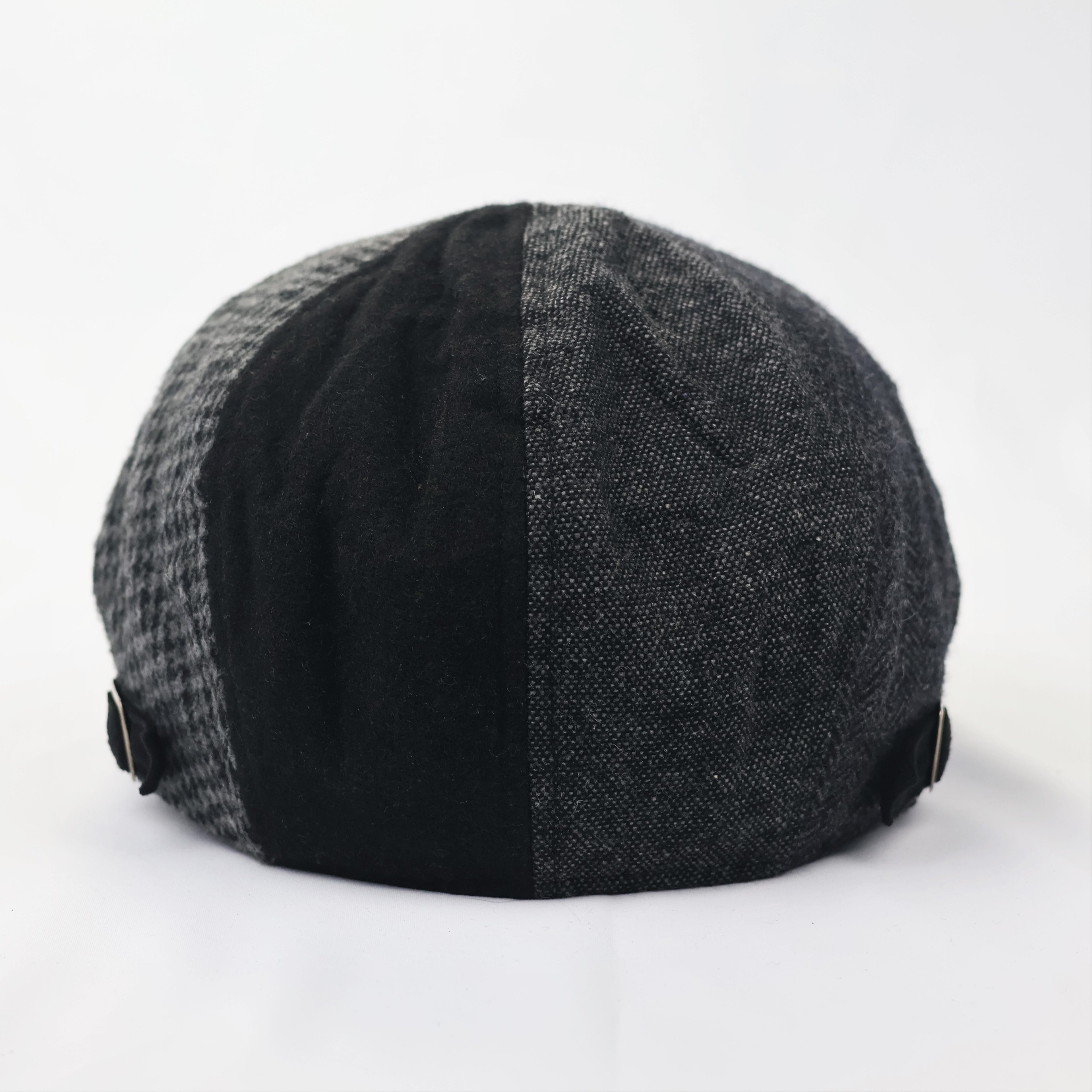 Vintage Mixed Pattern Newsboy Thrifted Cap - Adjustable Black Wool Blend Hat