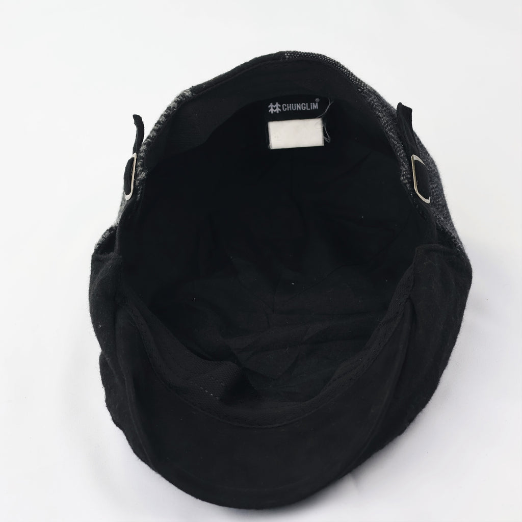 Vintage Mixed Pattern Newsboy Thrifted Cap - Adjustable Black Wool Blend Hat