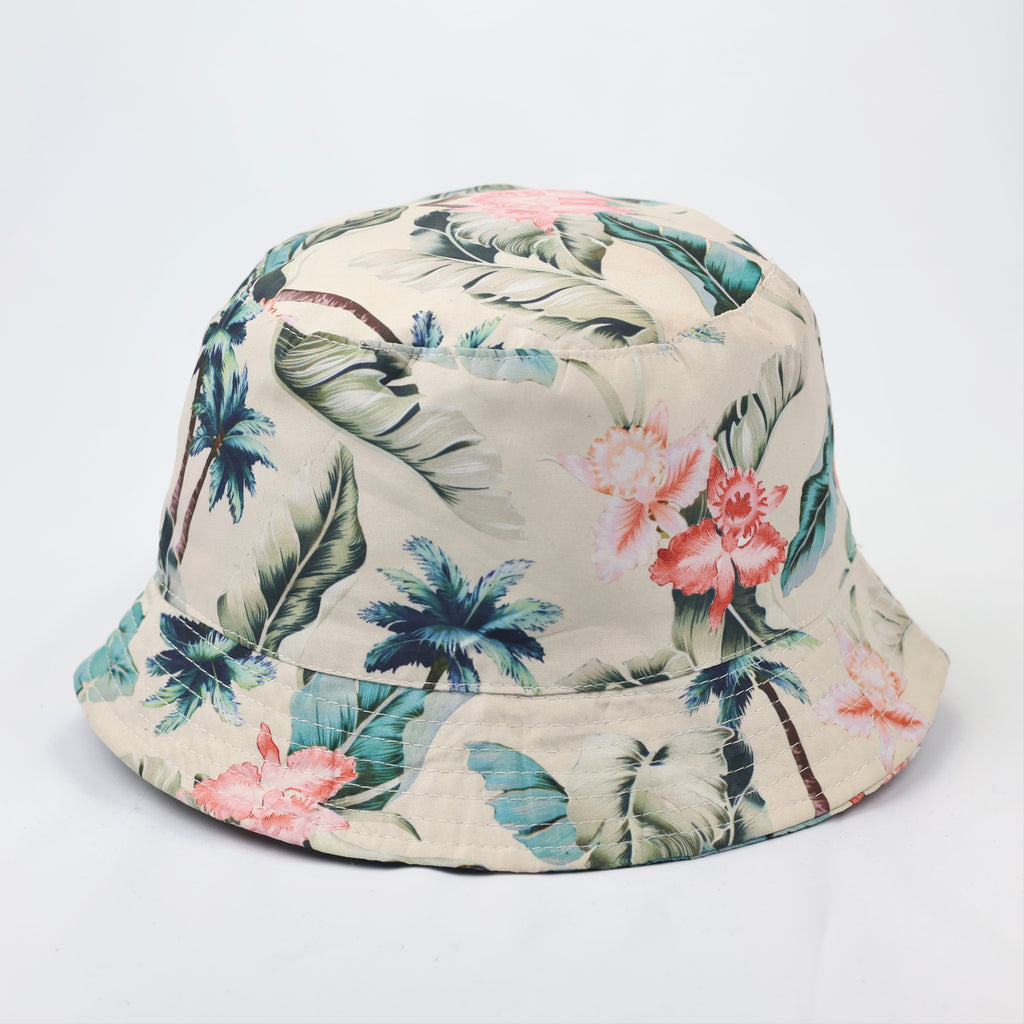 Tropical Floral Bucket Hat - Beige Summer Sun Hat with Palm Prints