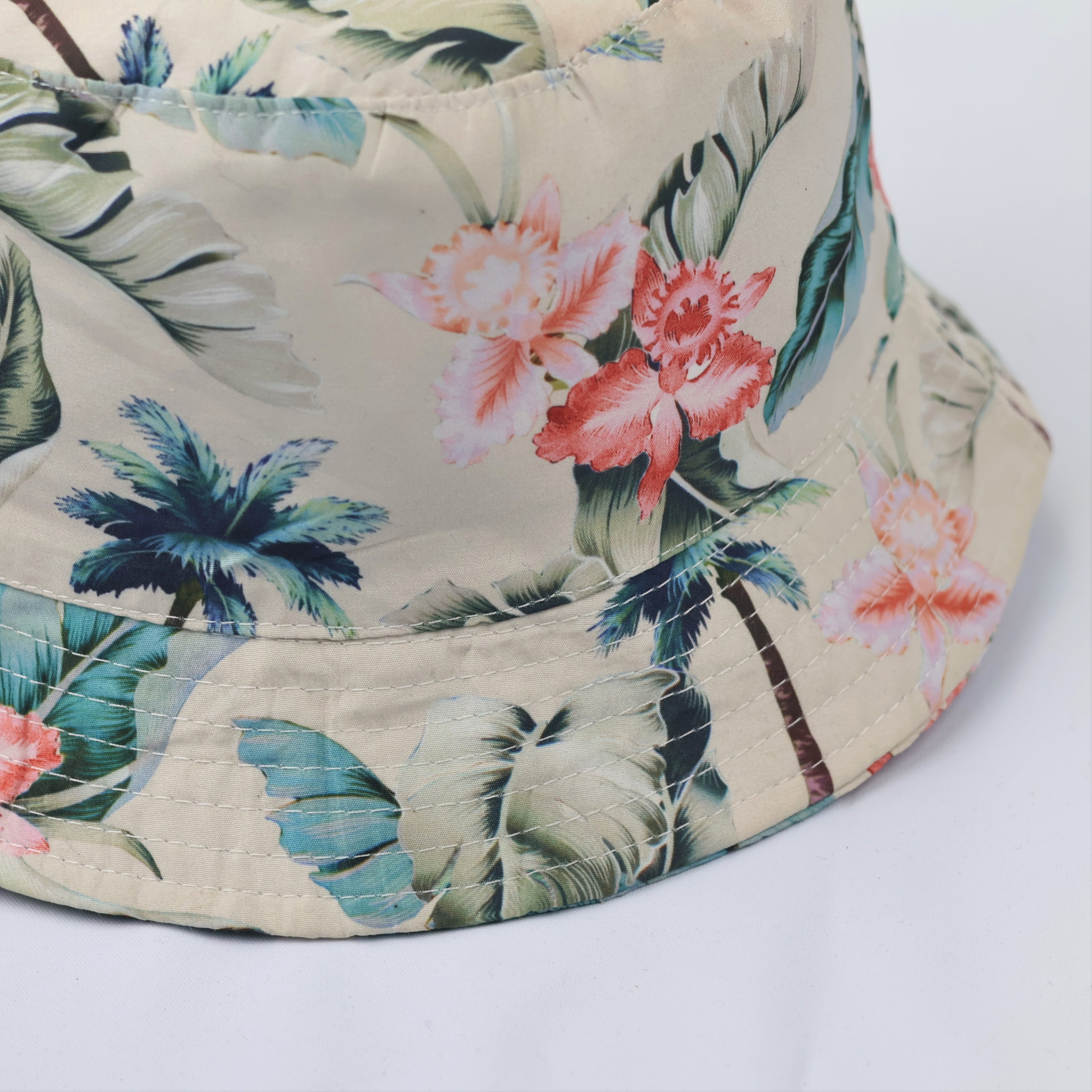 Tropical Floral Bucket Hat - Beige Summer Sun Hat with Palm Prints