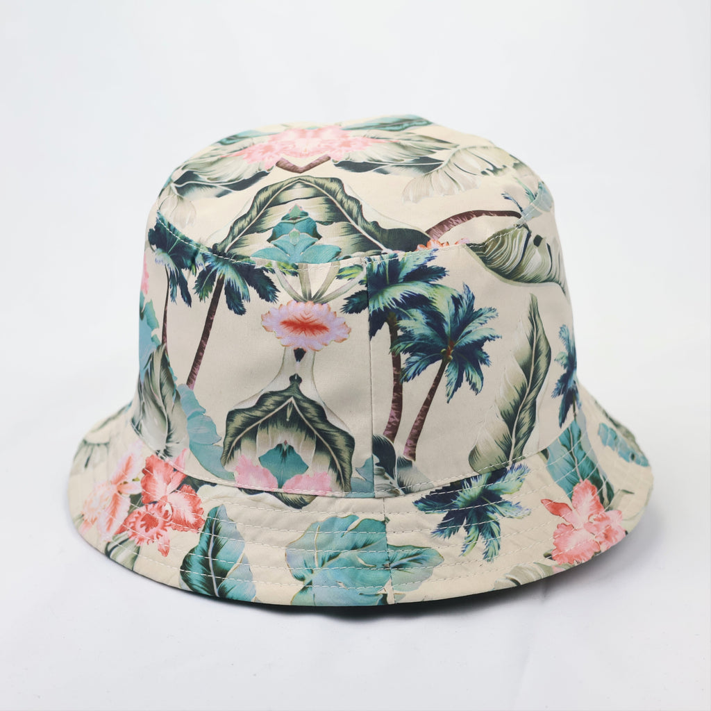 Tropical Floral Bucket Hat - Beige Summer Sun Hat with Palm Prints