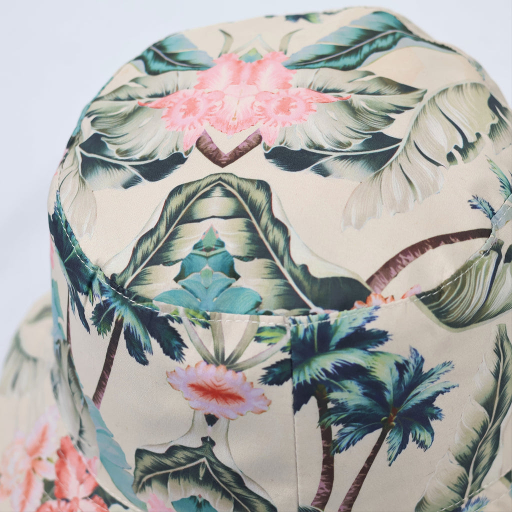Tropical Floral Bucket Hat - Beige Summer Sun Hat with Palm Prints