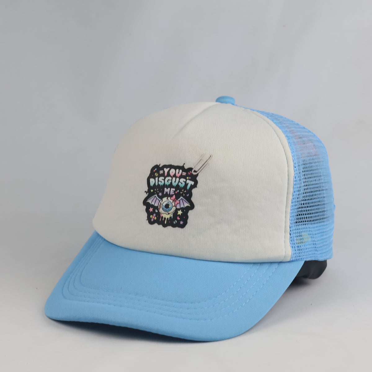 Thrifted Pastel Blue & White Trucker Hat with Graphic Patch (57-59 cm) | 10756