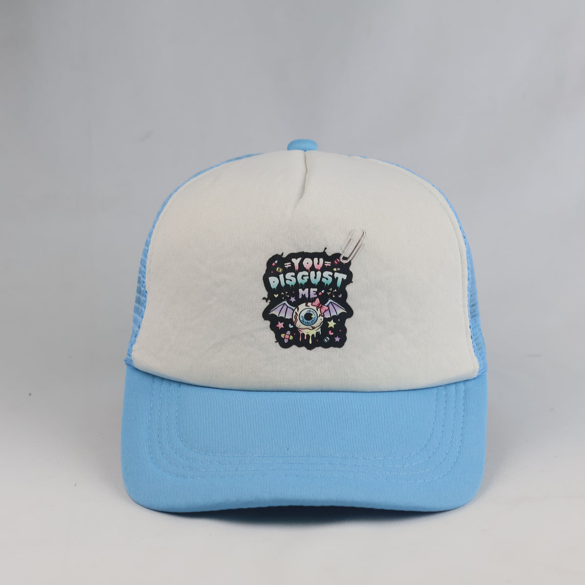 Thrifted Pastel Blue & White Trucker Hat with Graphic Patch (57-59 cm) | 10756